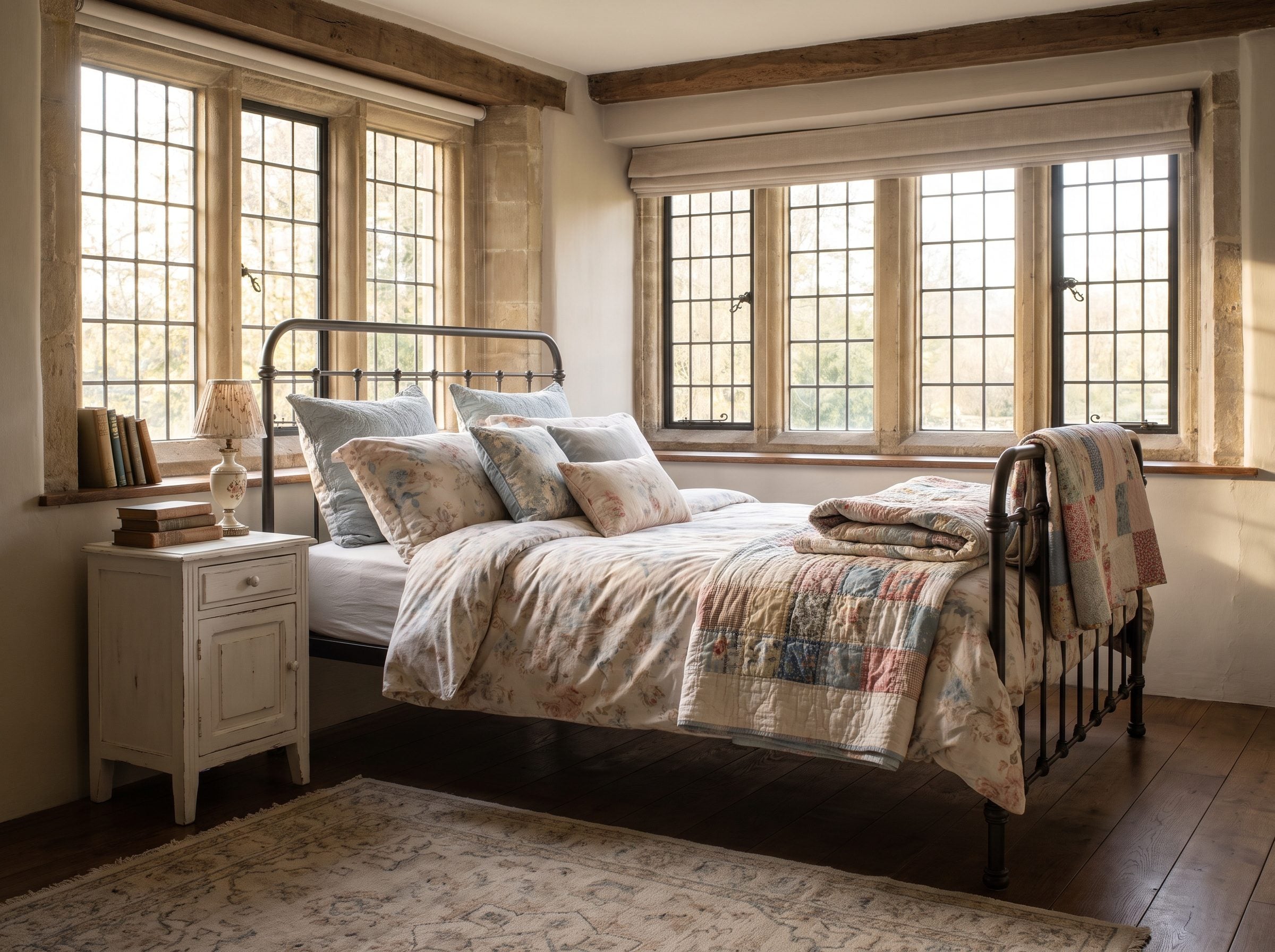 Cottage bedroom with a queen bed under a six-pane window, the low upholstered headboard stopping just below the window sill.