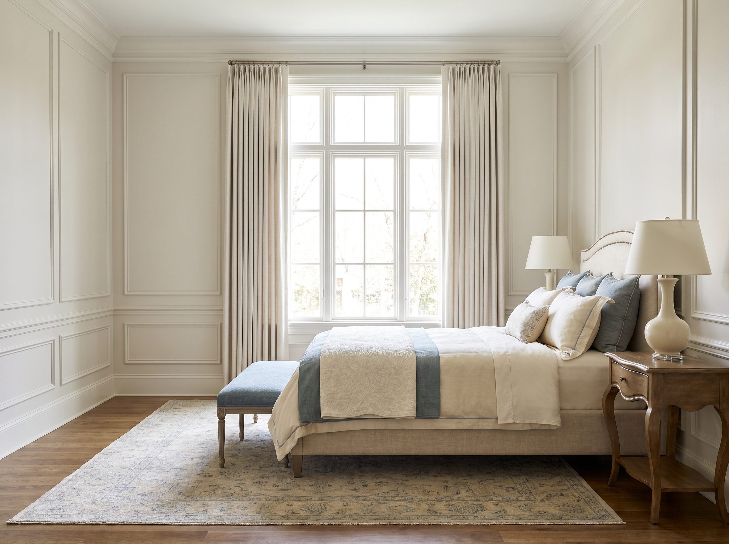 Traditional bedroom with a king bed centered under a tall divided-light window, the headboard sitting below the window sill