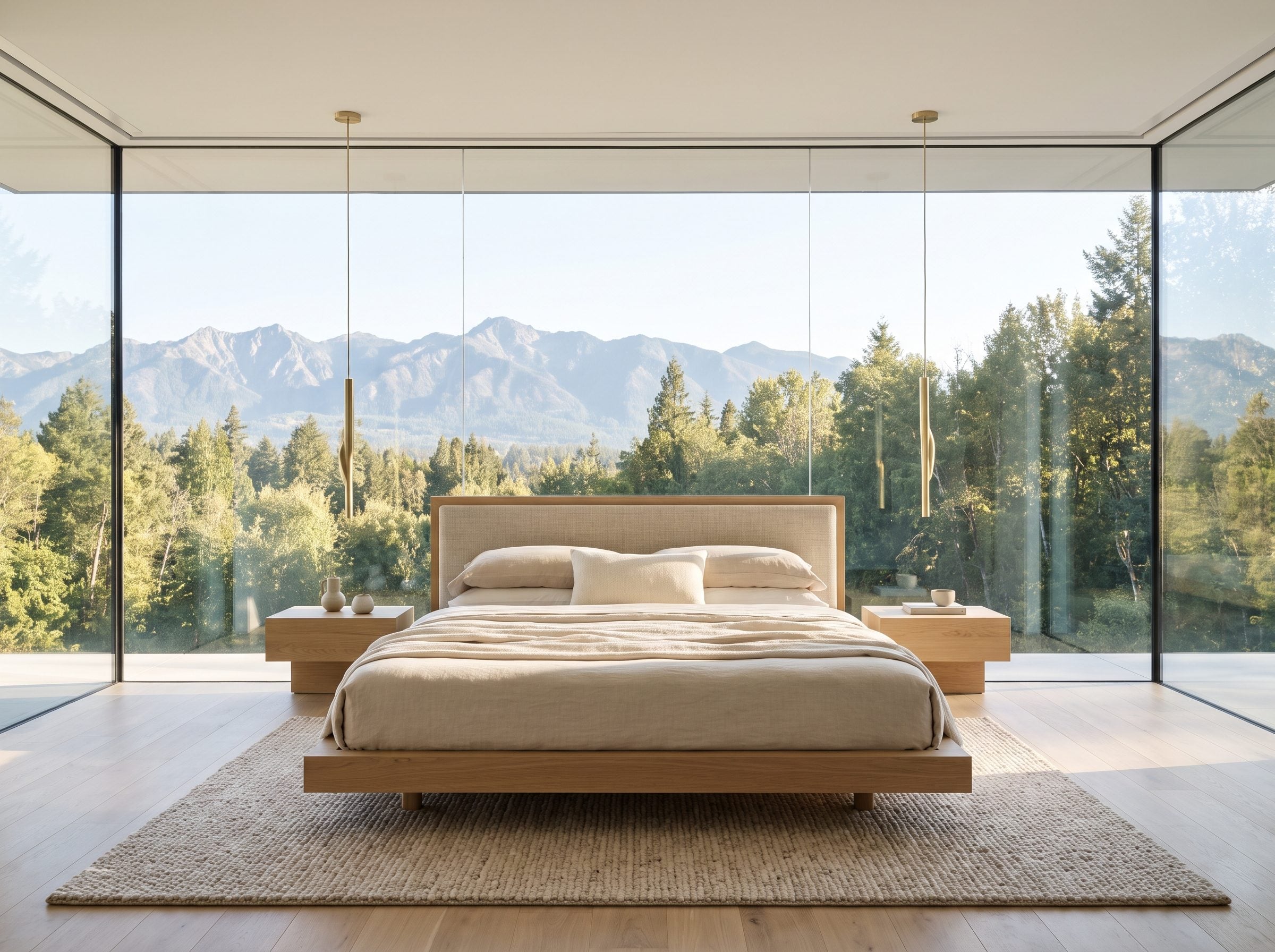 Contemporary bedroom with a low platform bed set in front of floor-to-ceiling glass, its headboard reaching about a third of