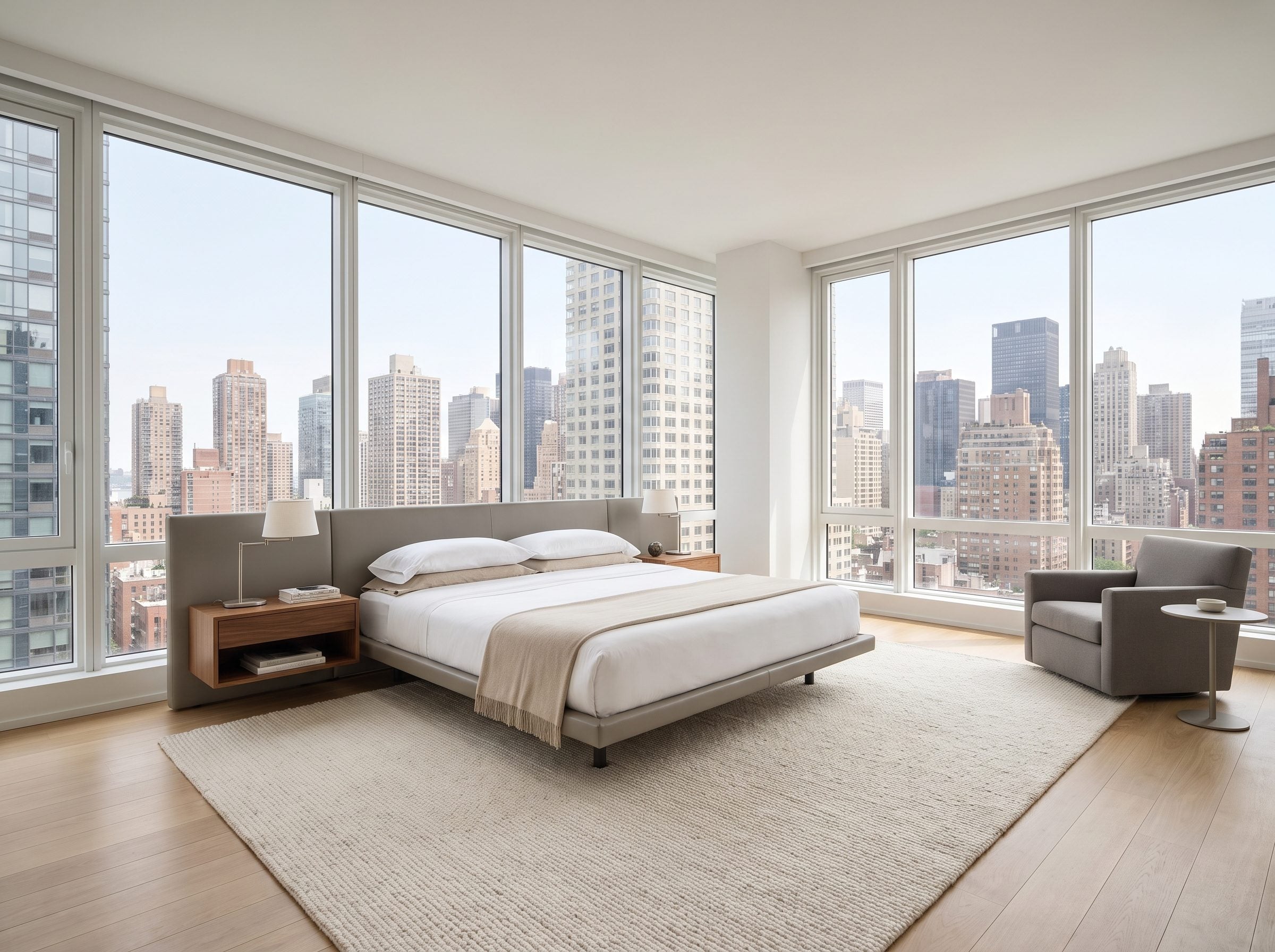 Bedroom with a low platform bed in front of a broad window, its 30-inch headboard sitting level with the sill so the skyline
