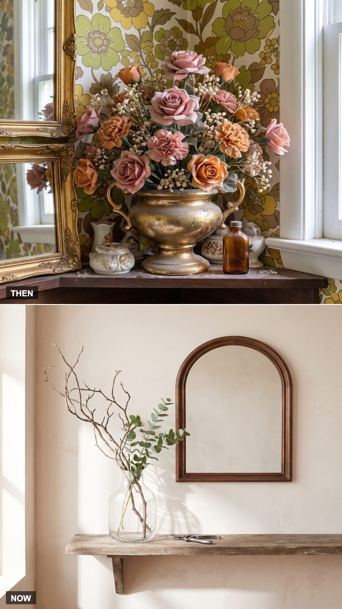 1970: The Artificial Flower Arrangement → NOW: Bare Branches or Fresh Greenery