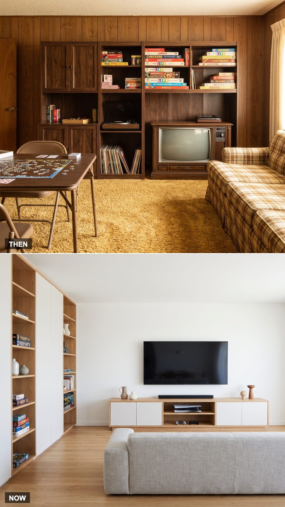 1970: Board Games Stored in the Family Room → NOW: Games, Consoles, and Multipurpose Entertainment Storage