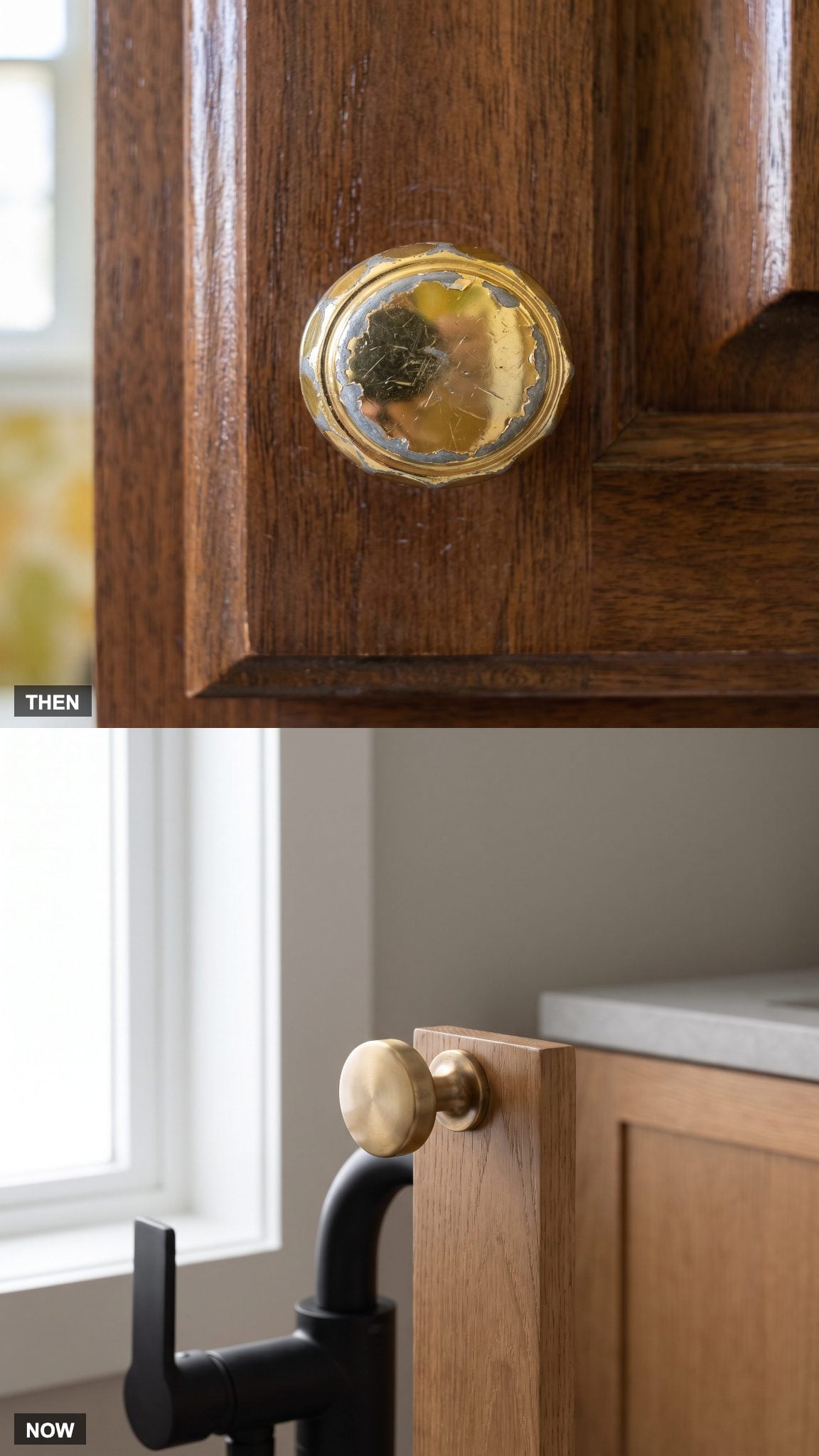 1970: Brass-Plated Cabinet Knobs → NOW: Refined Mixed-Metal Hardware