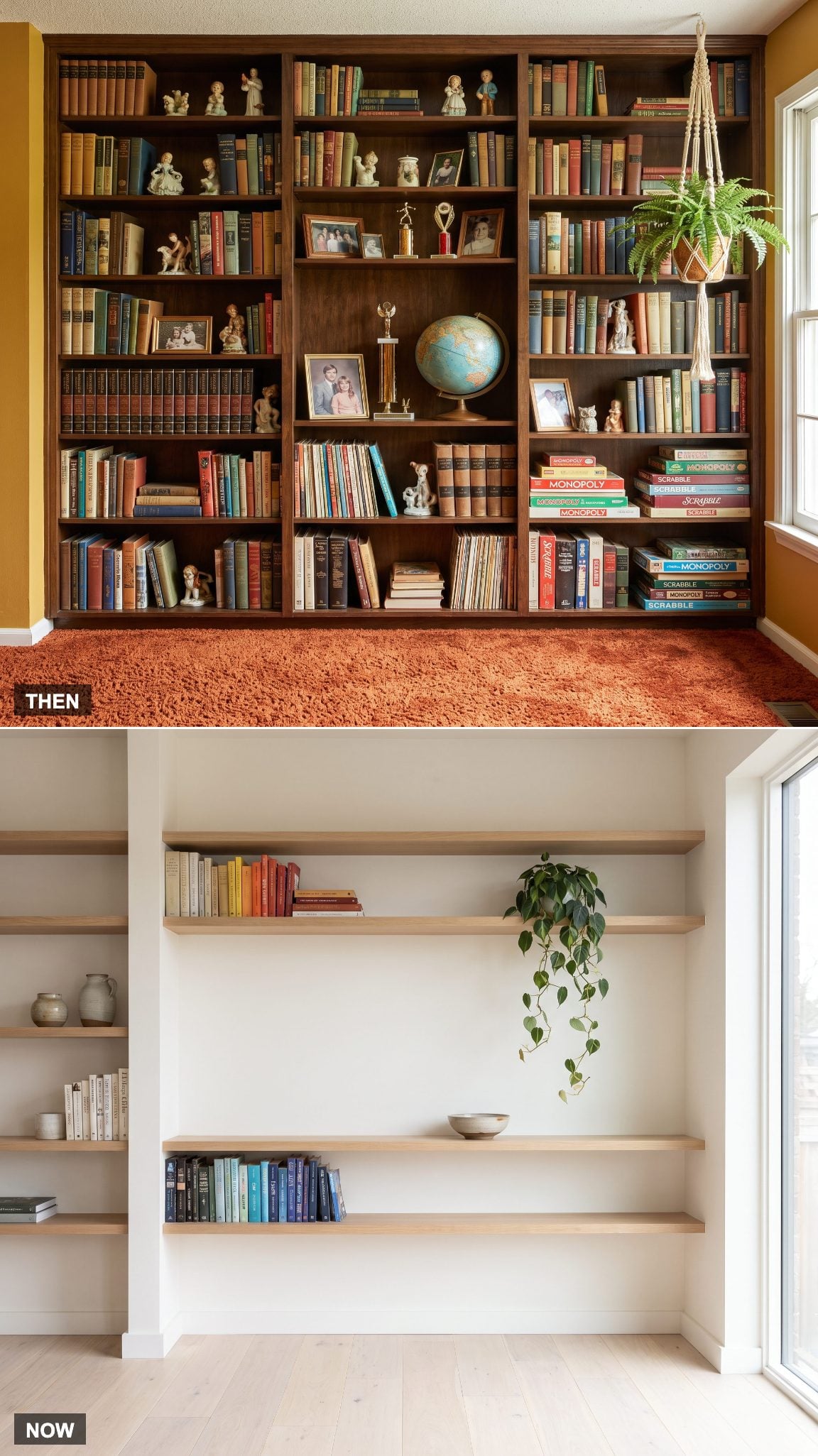 1970: Built-In Bookshelves Packed With Family Belongings → NOW: Streamlined Built-Ins and Display Shelves