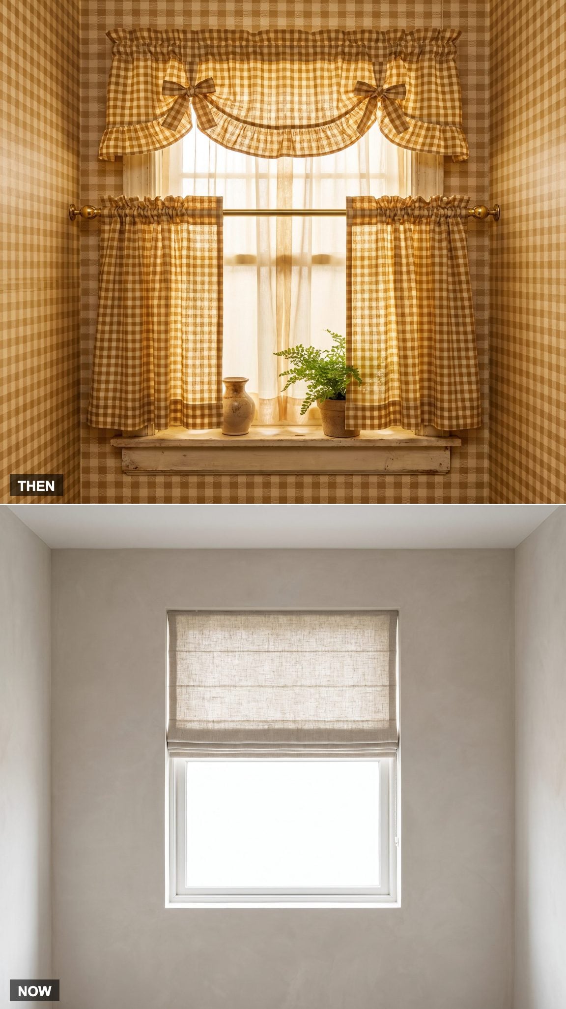 1970: Café Curtains and Ruffled Valances → NOW: Privacy Glass, a Roman Shade, or Nothing at All