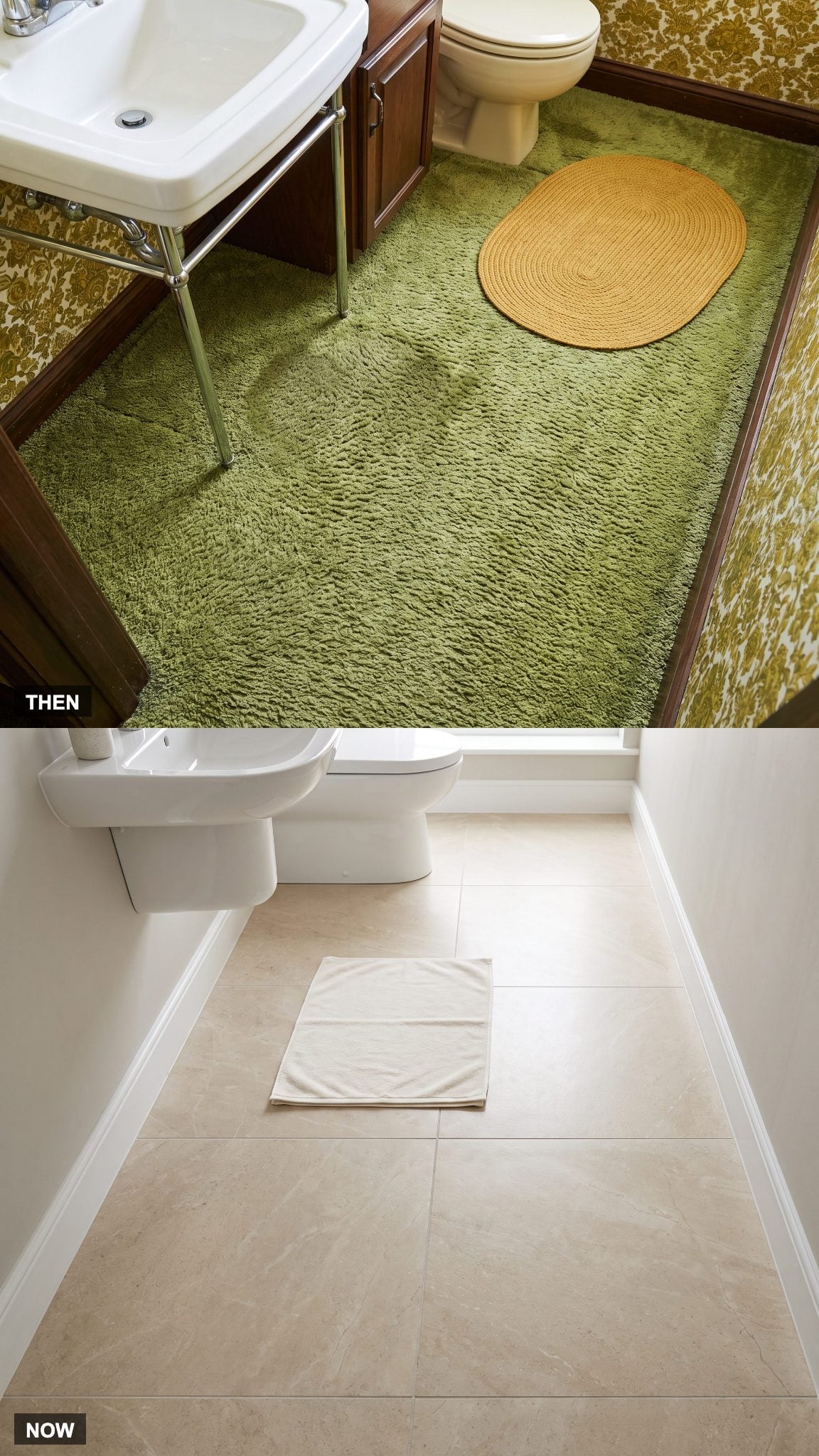 1970: Carpet in the Powder Room → NOW: Water-Resistant Hard Flooring