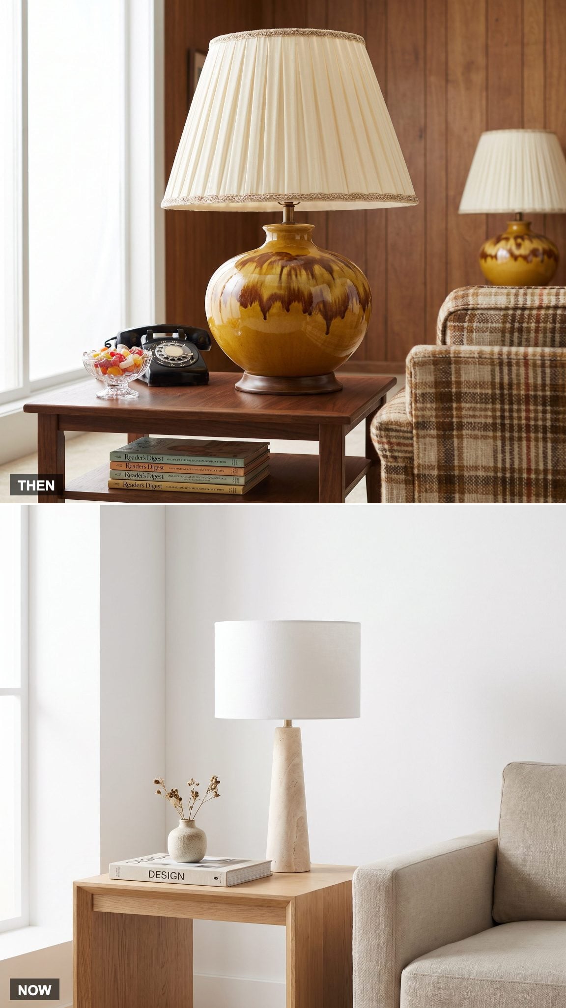 1970: Ceramic Table Lamps With Oversized Shades → NOW: Simplified Statement Lamps