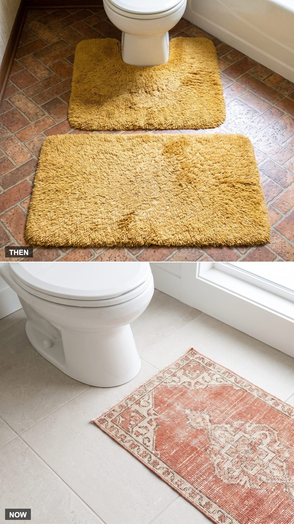 1970: The Contoured Rug Hugging the Toilet → NOW: A Small Washable Vintage-Style Rug