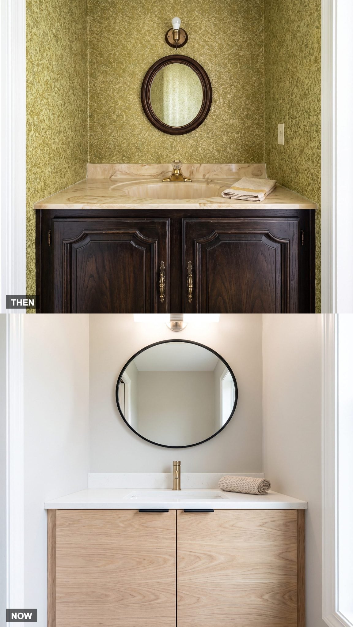 1970: Dark-Stained Cabinetry → NOW: Natural Oak, Walnut, or Painted Cabinetry