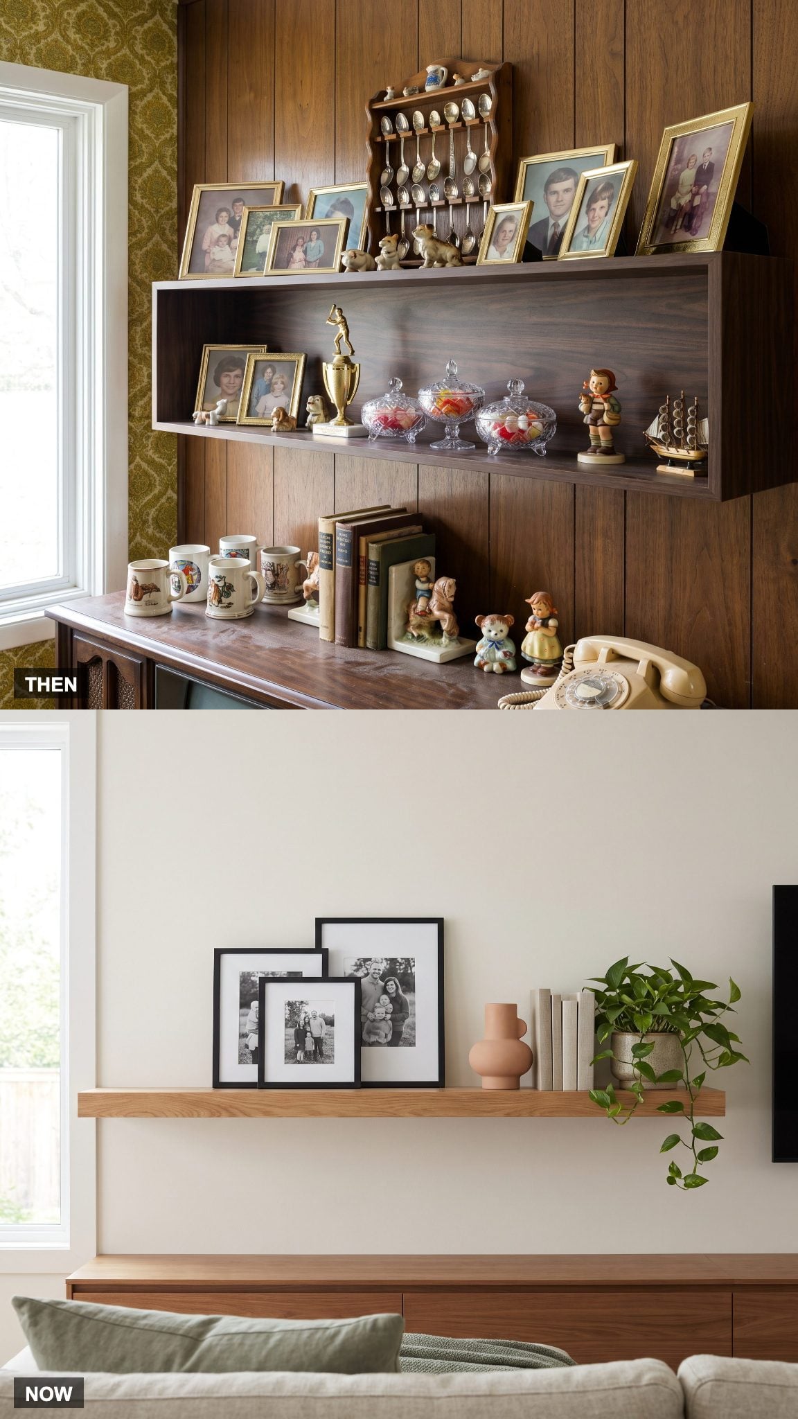 1970: Family Photos and Knickknacks Everywhere → NOW: More Curated Personal Displays