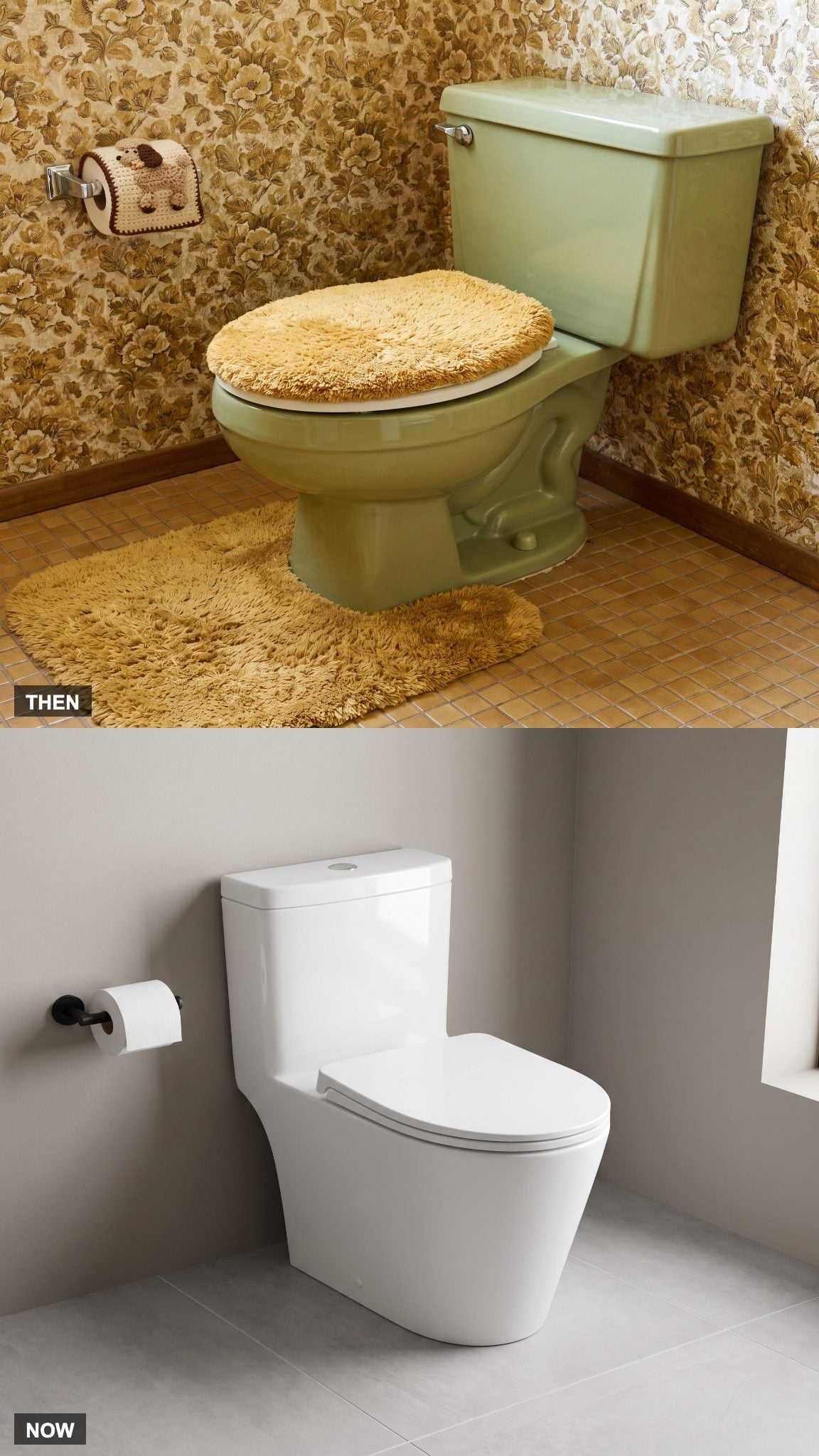 1970: The Fuzzy Toilet-Seat Cover → NOW: A Clean, Uncovered Seat