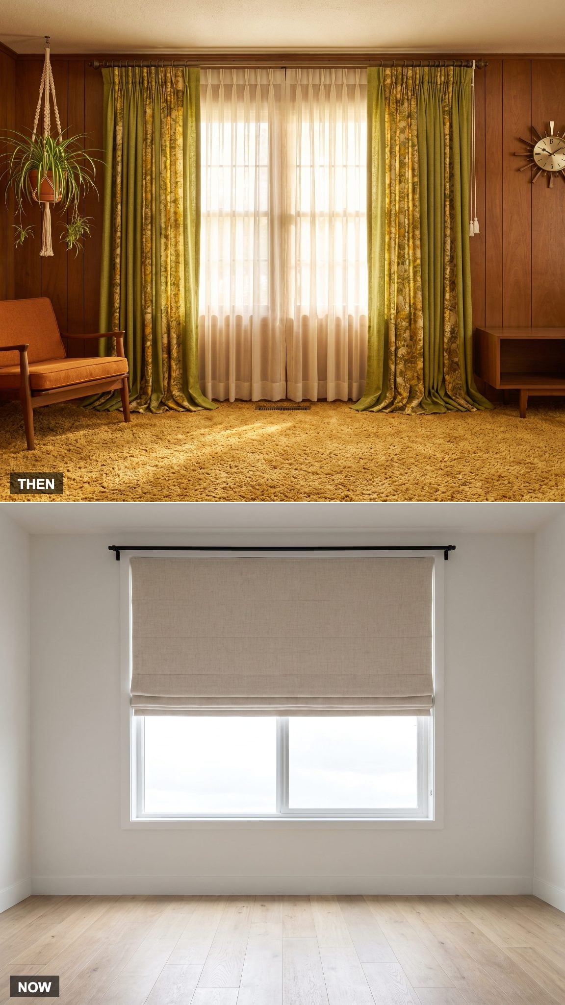 1970: Heavy Drapes and Sheer Curtains → NOW: Simple Drapery, Roman Shades, or Bare Windows
