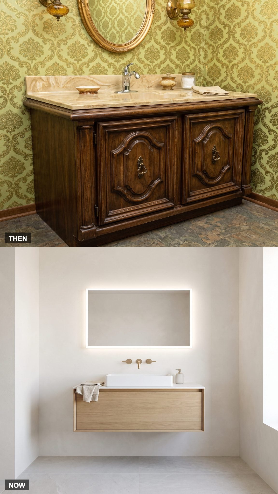 1970: Heavy Wood Vanity Cabinet → NOW: Floating Vanity With Visible Floor Below