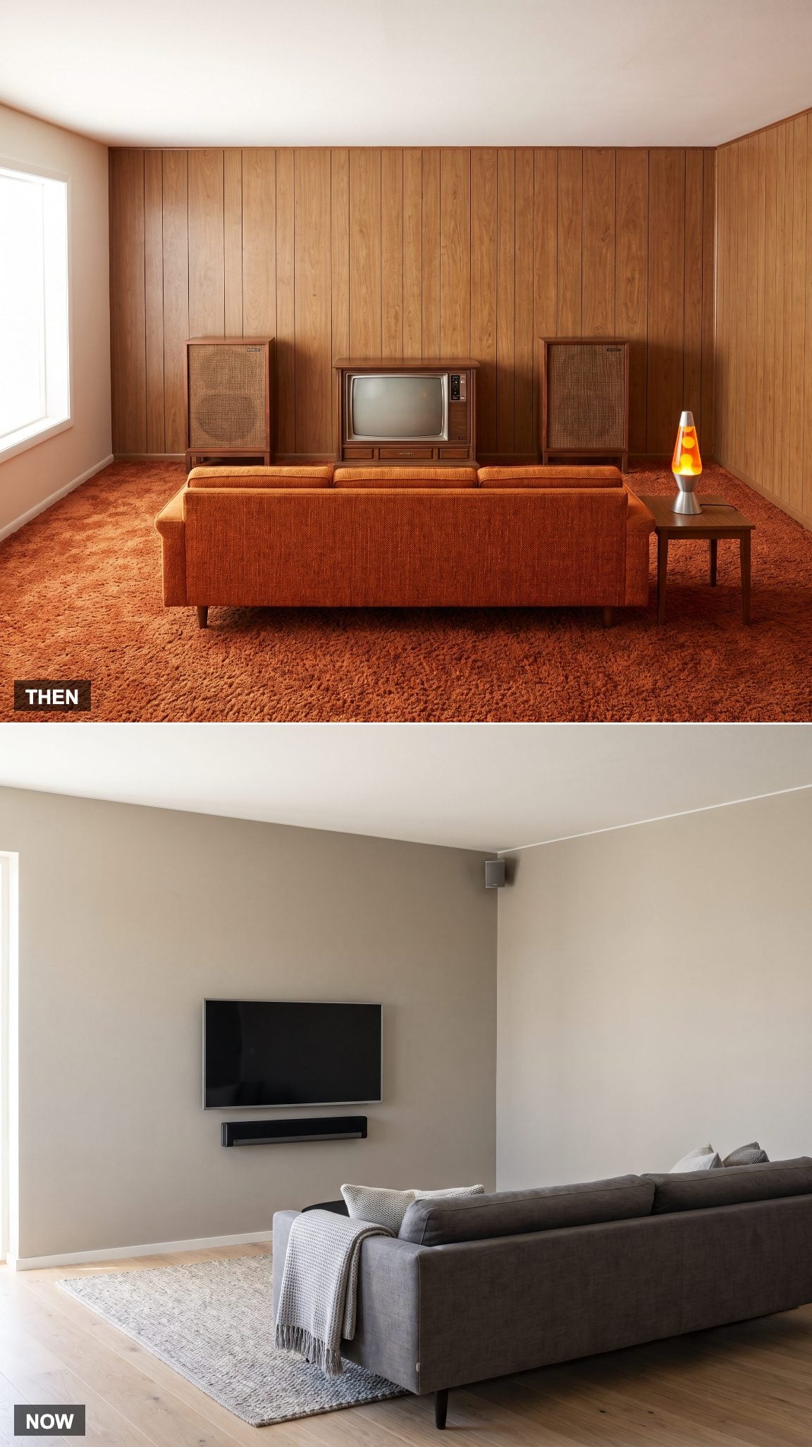 1970: Large Wood Speakers → NOW: Soundbar or Integrated Speakers