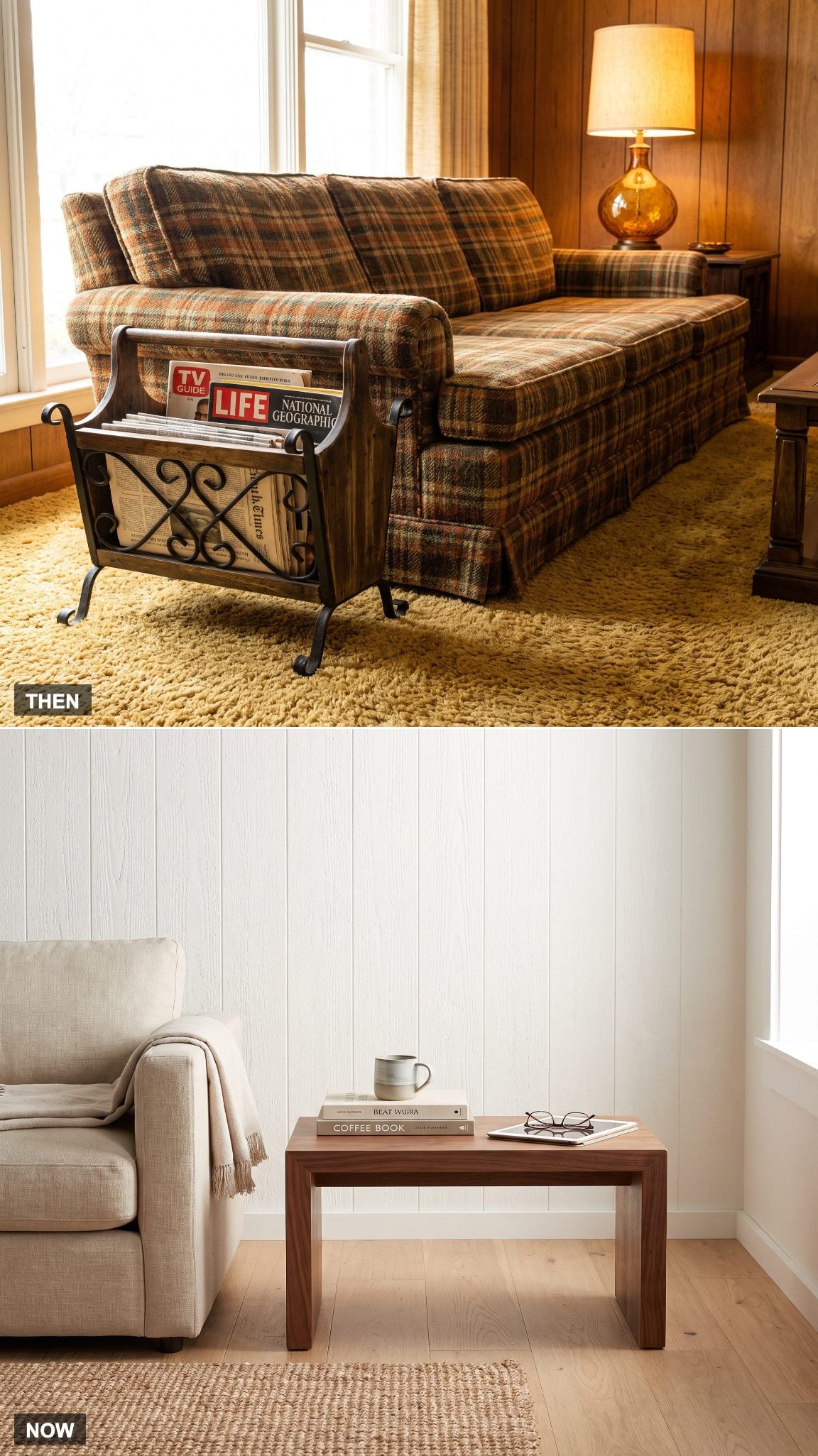1970: Magazine Rack Beside the Sofa → NOW: Coffee-Table Books and Digital Reading