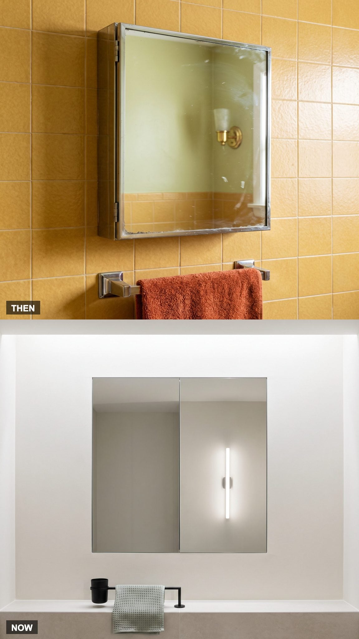 1970: Mirrored Medicine Cabinet → NOW: Recessed or Seamlessly Integrated Storage
