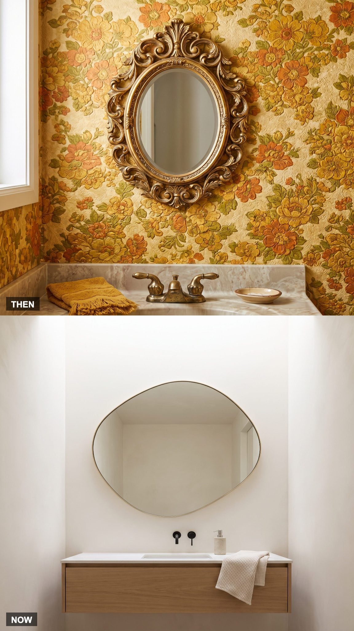 1970: Ornate Framed Mirror → NOW: Oversized Organic or Minimalist Mirror