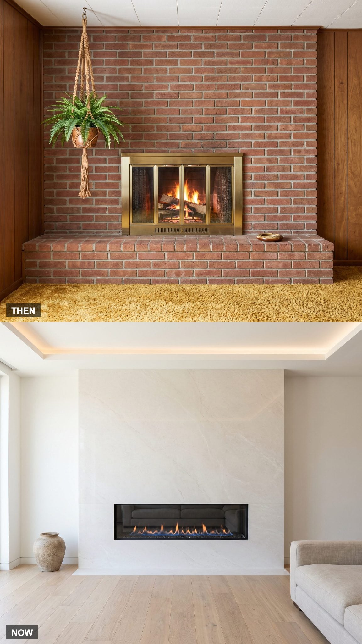1970: Raised Fireplace Hearth → NOW: Flush or Minimal Hearth