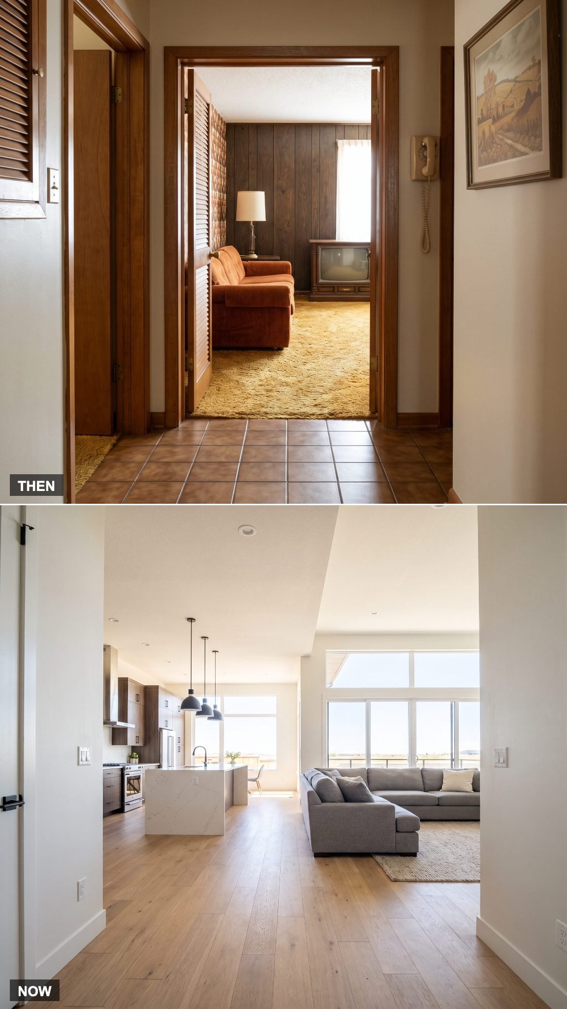 1970: Separate Family Room Behind a Doorway vs. NOW: Open-Plan Kitchen-Family Room