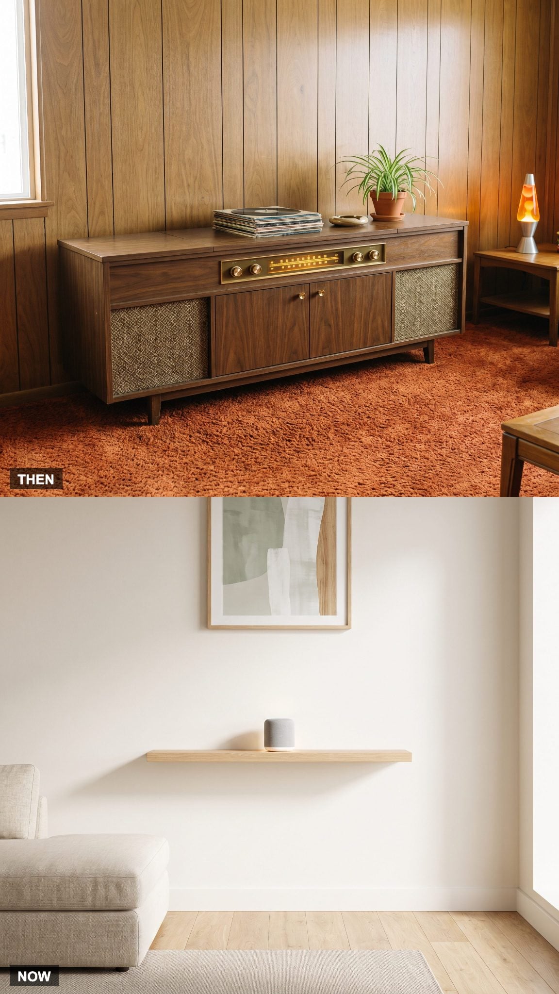 1970: Stereo Console → NOW: Compact Wireless Audio System