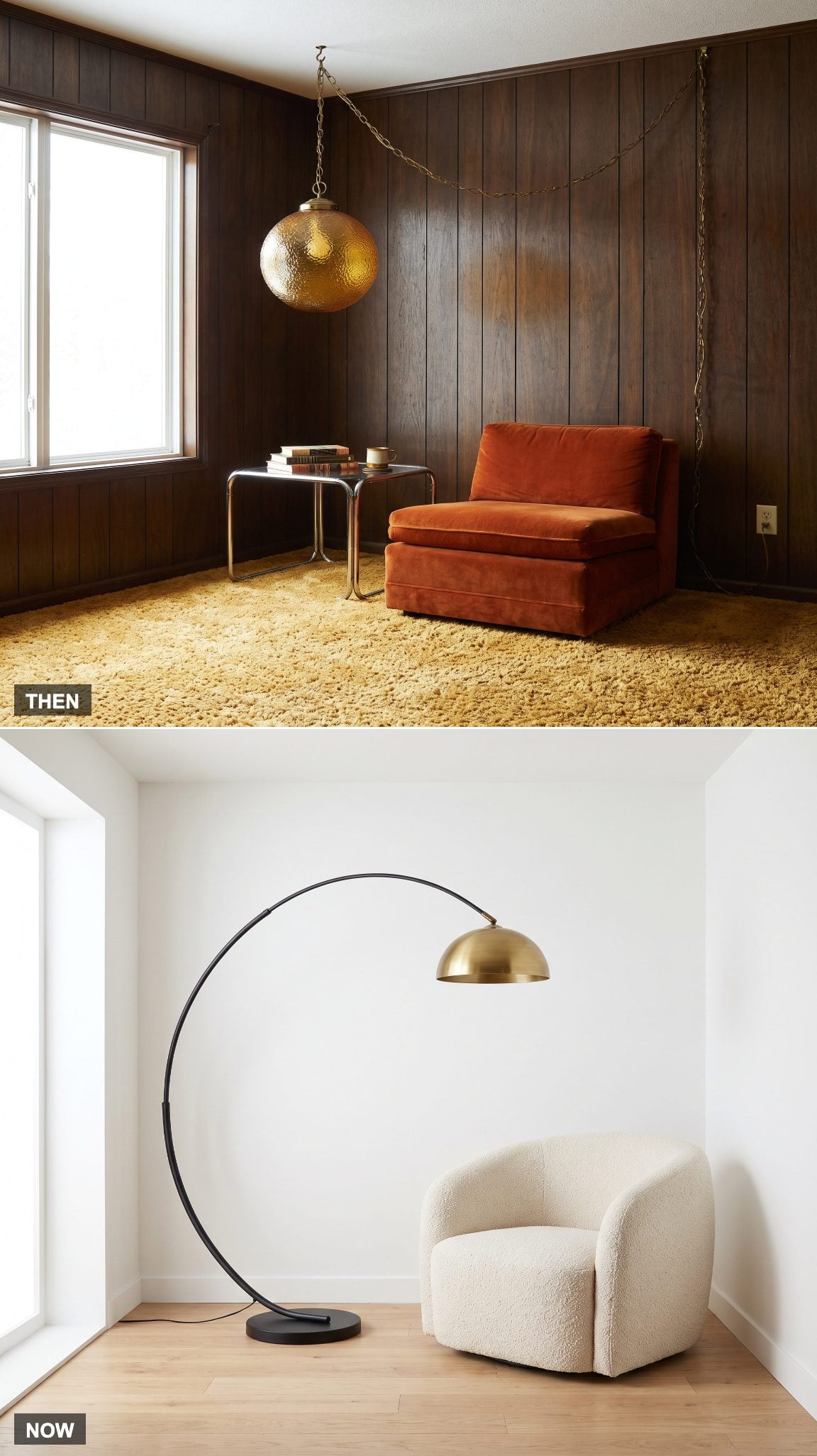 1970: Swag Lamp Hanging in the Corner → NOW: Sculptural Pendant or Floor Lamp