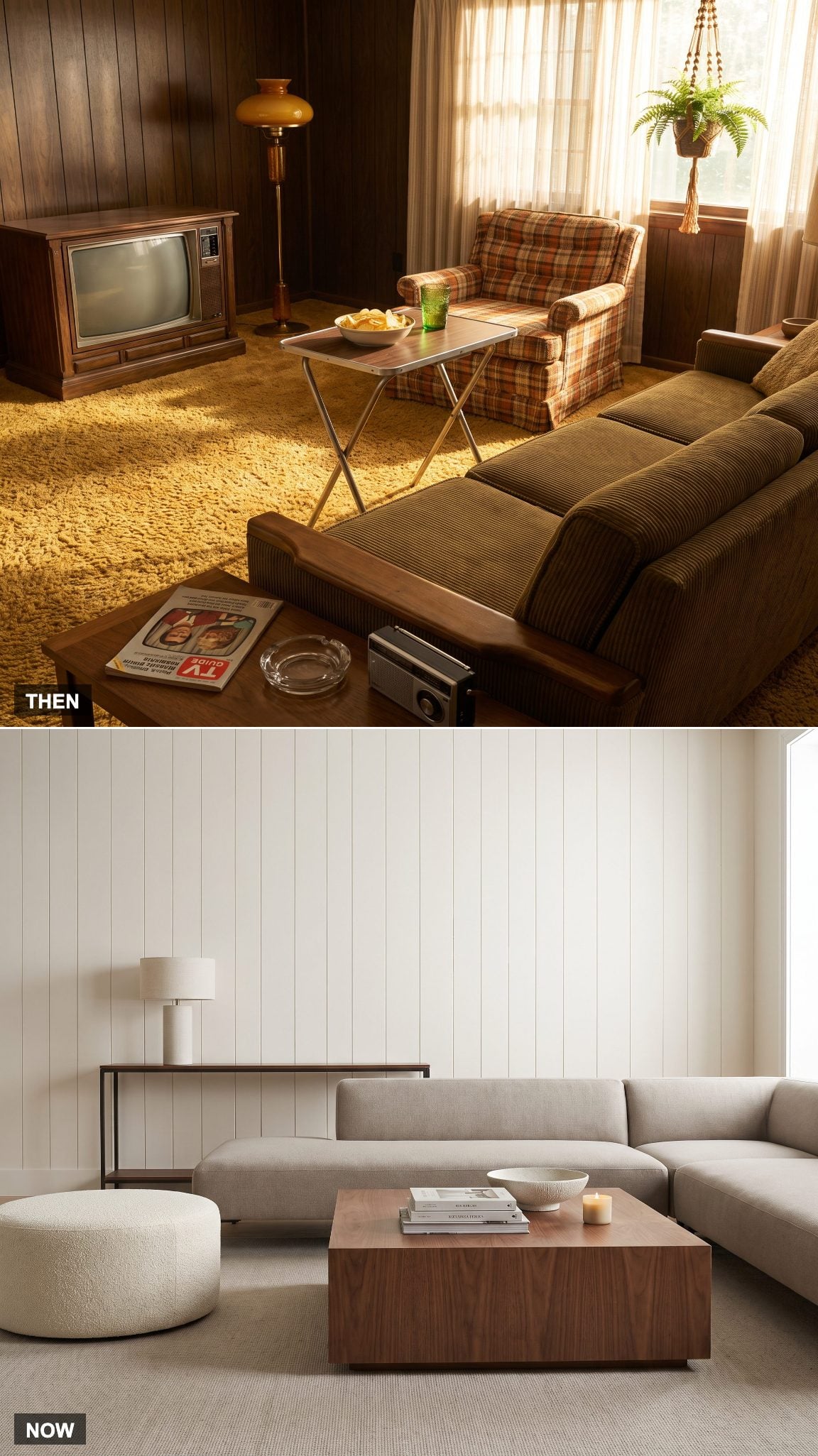 1970: TV Trays Pulled Out for Snacks vs. NOW: Oversized Coffee Tables, Ottomans, and Sofa Tables