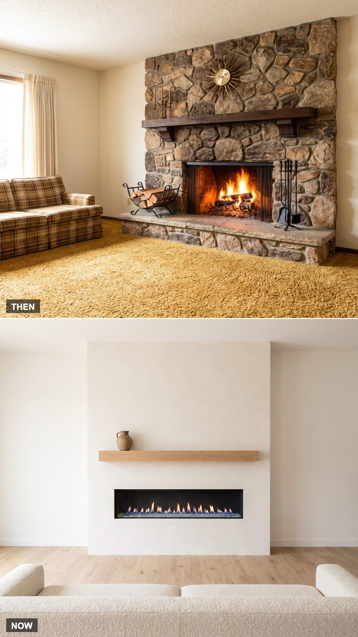 1970: Wood-Burning Fireplace → NOW: Gas or Electric Fireplace