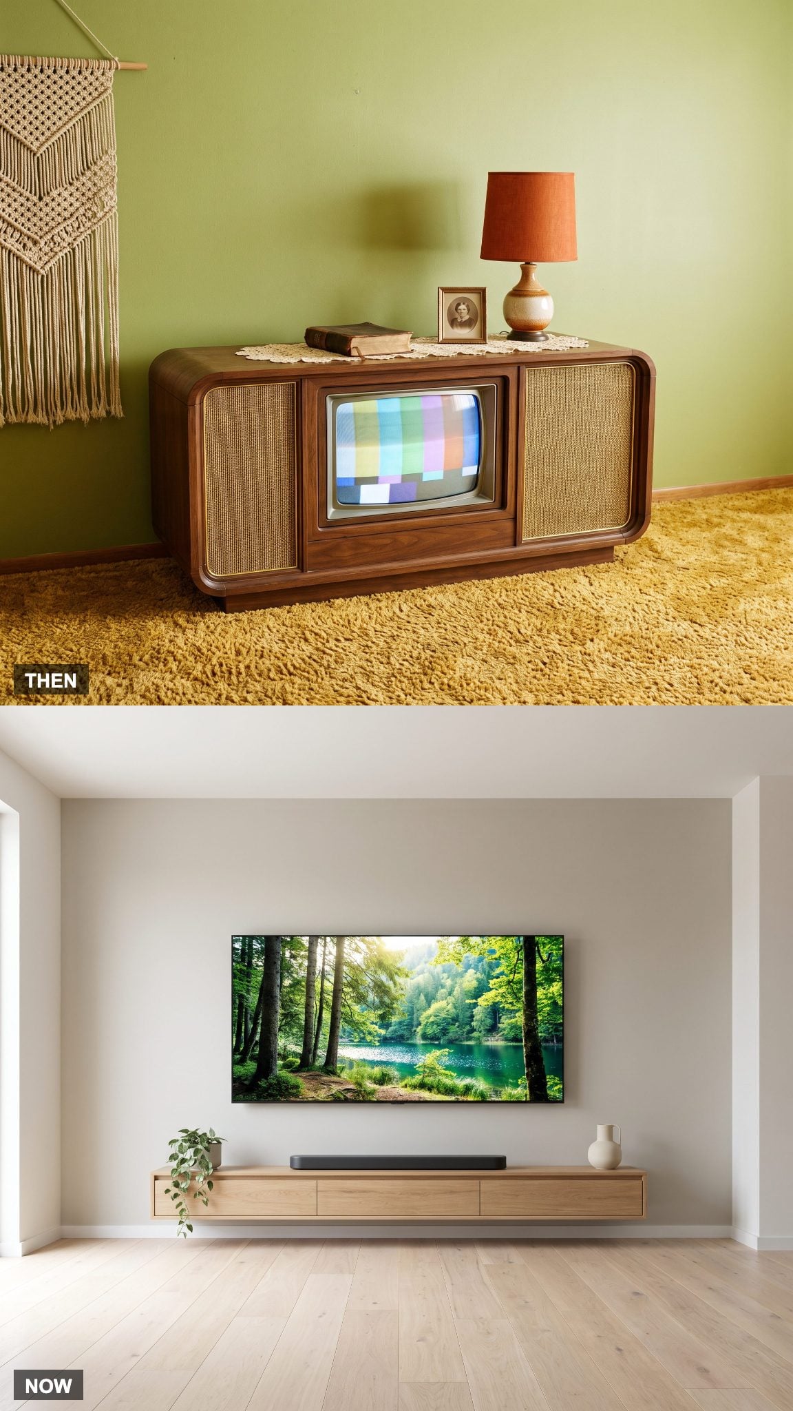 1970: Wood-Console Television → NOW: Wall-Mounted Flat-Screen TV