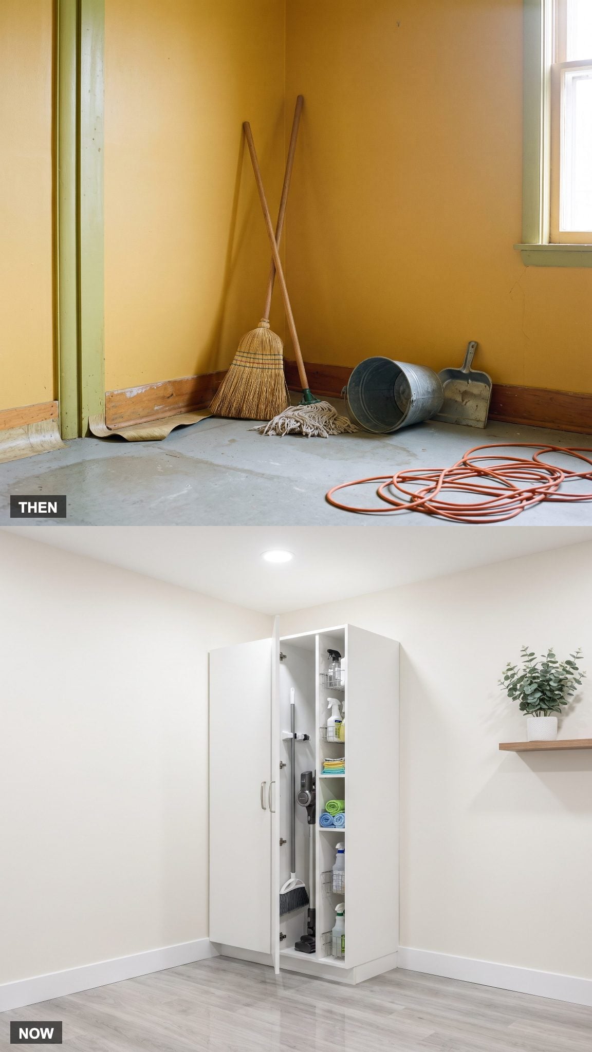 Laundry room with a tall utility cabinet for brooms and cleaning equipment