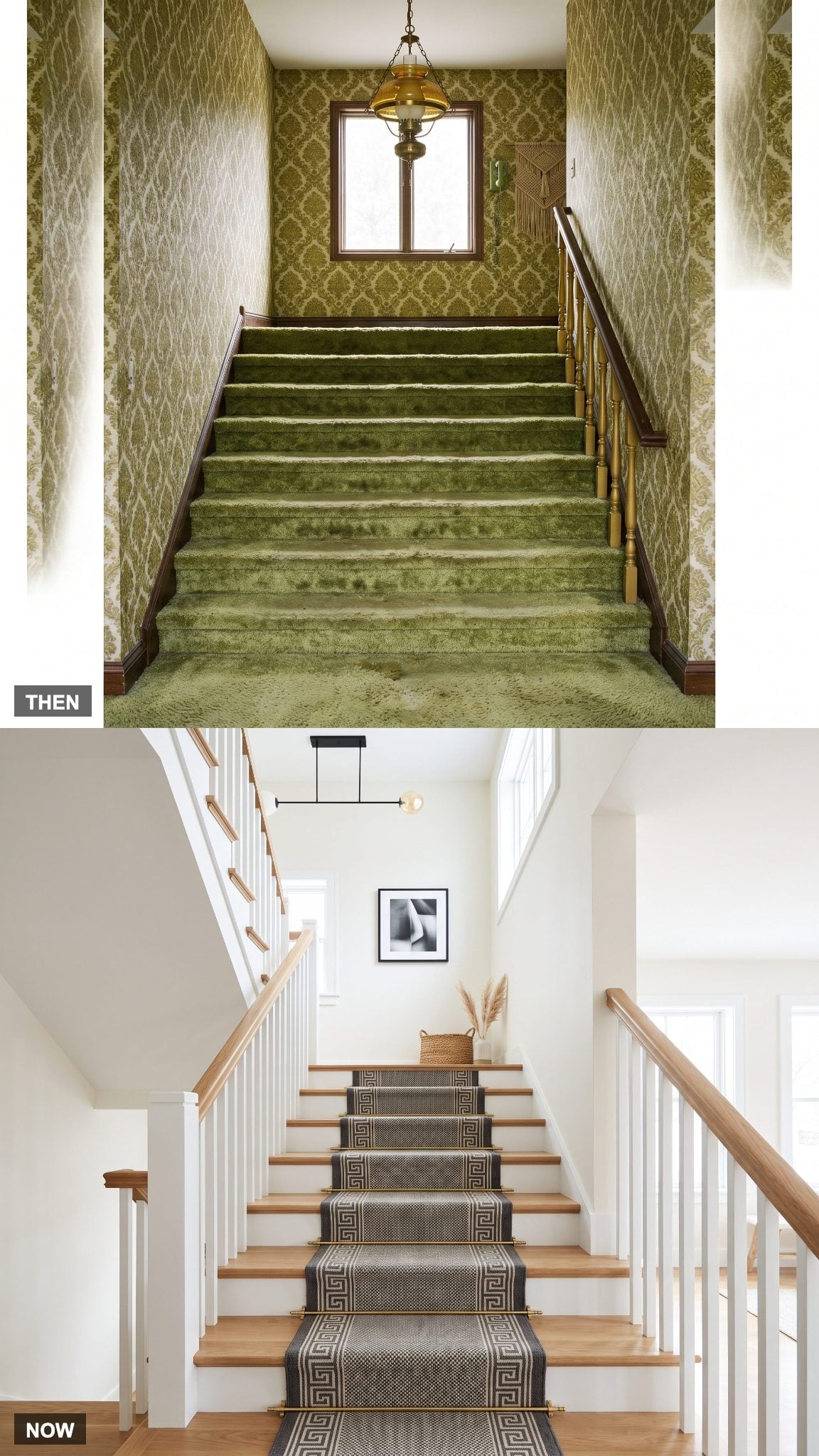 1975: Carpeted Staircase → NOW: Exposed Wood Treads With a Runner