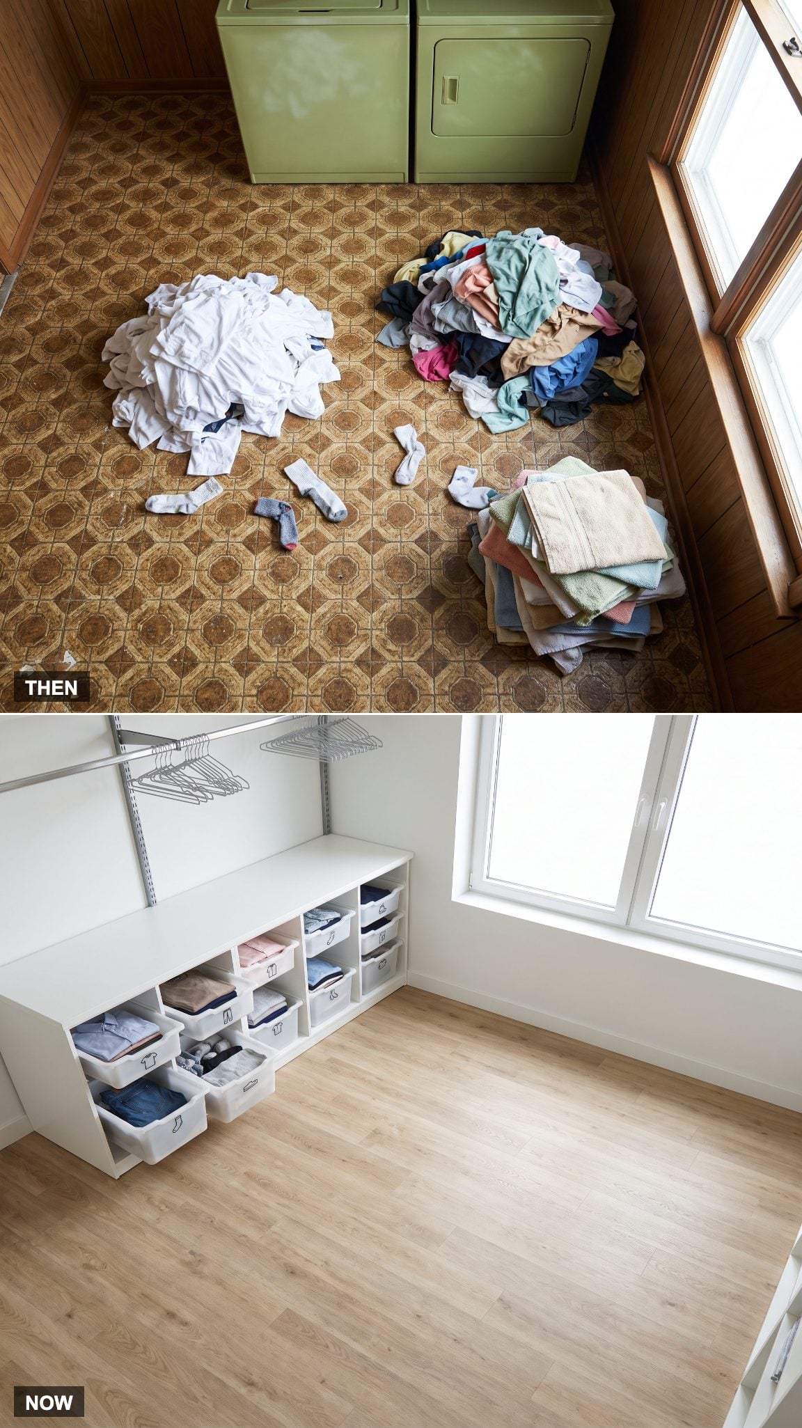Laundry room with a dedicated counter-height sorting station
