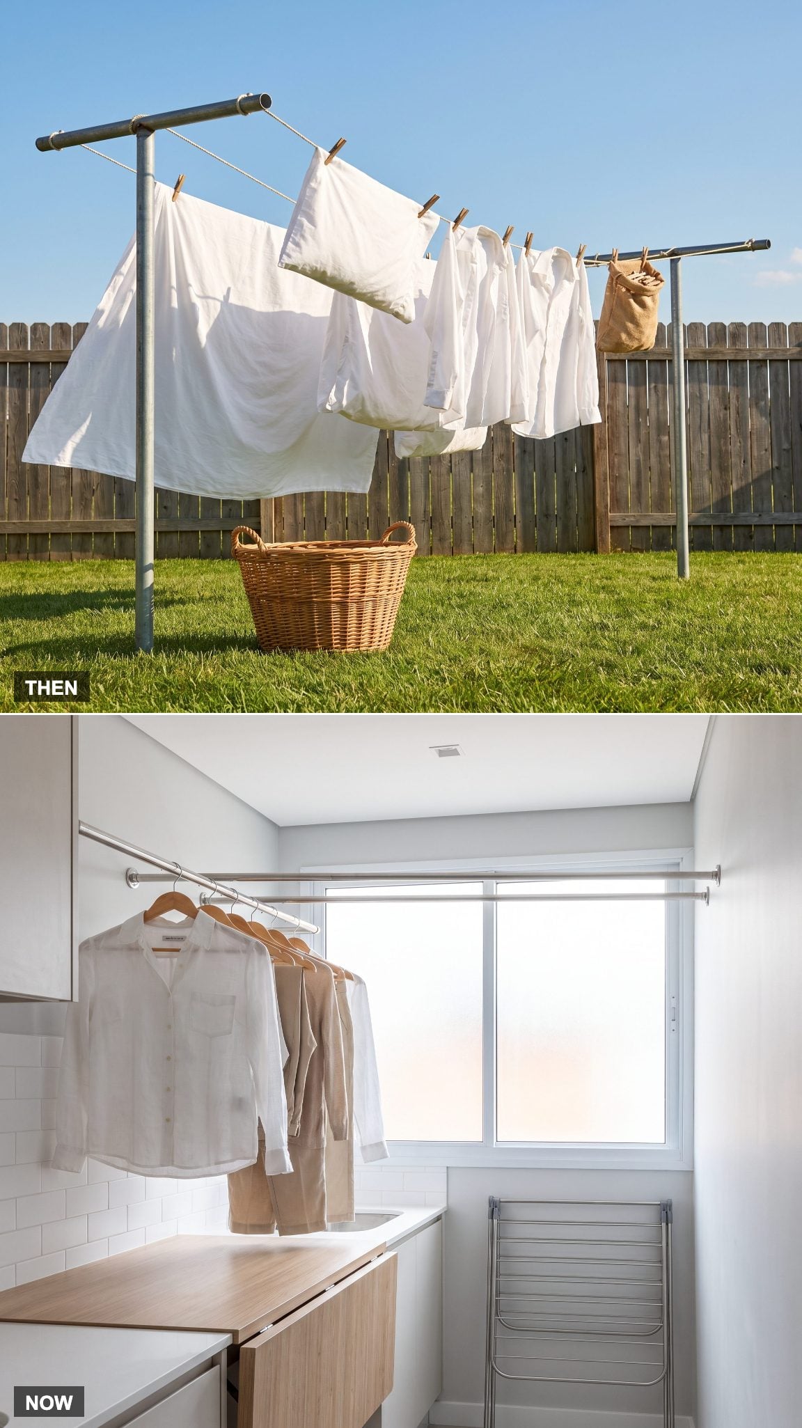 Laundry room with an indoor hanging rod for air-drying clothes