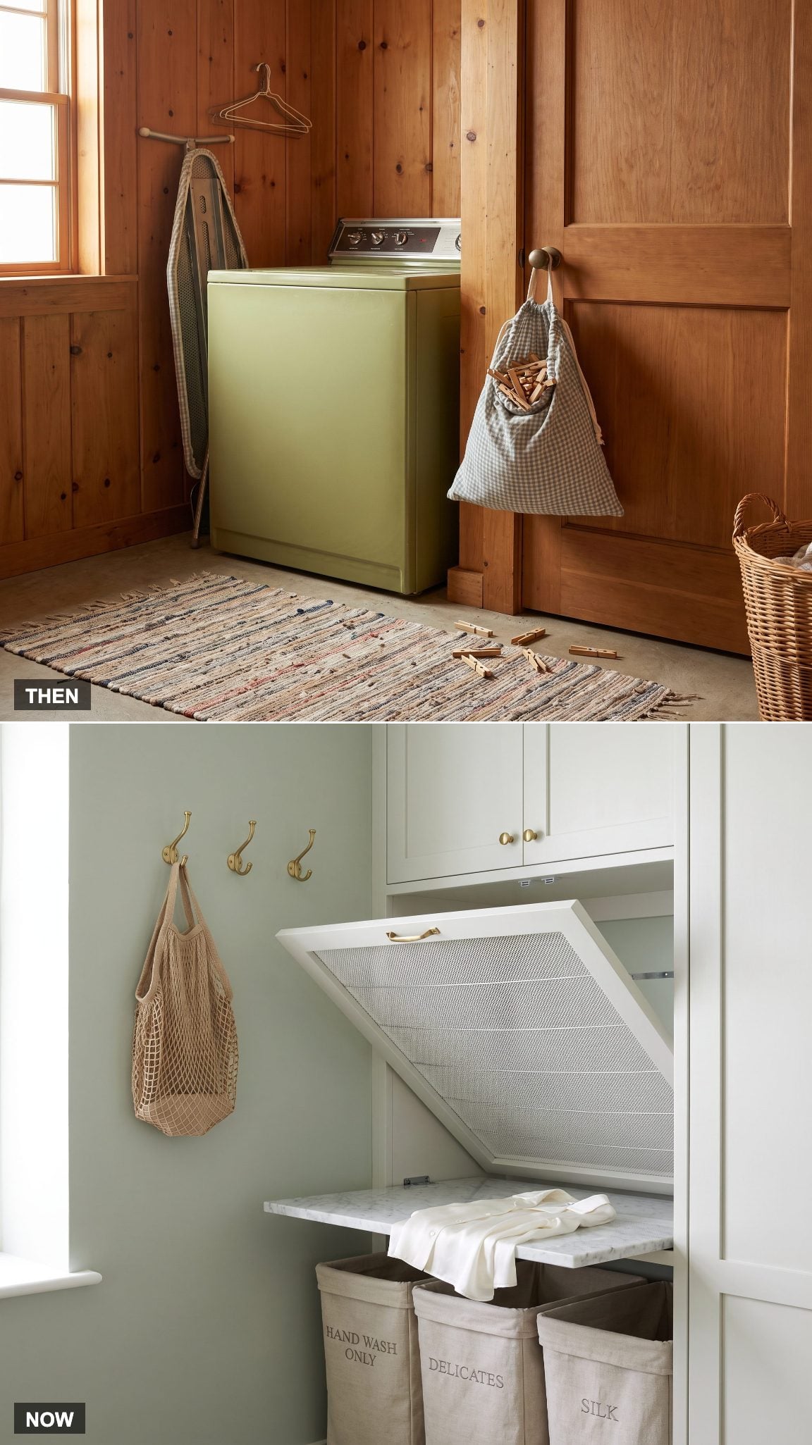 Laundry room with pull-out and flat-drying surfaces for delicate garments