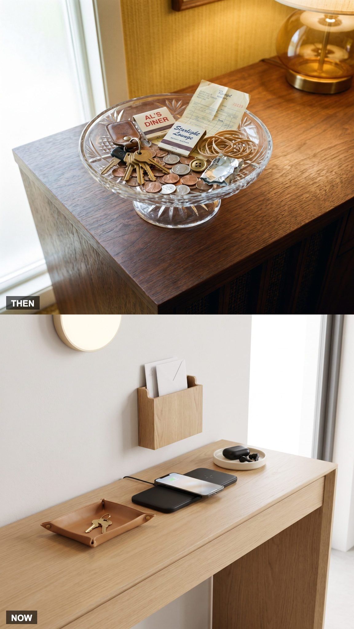 1975: Decorative Catchall Bowl → NOW: Organized Key, Mail, and Device Drop Zone