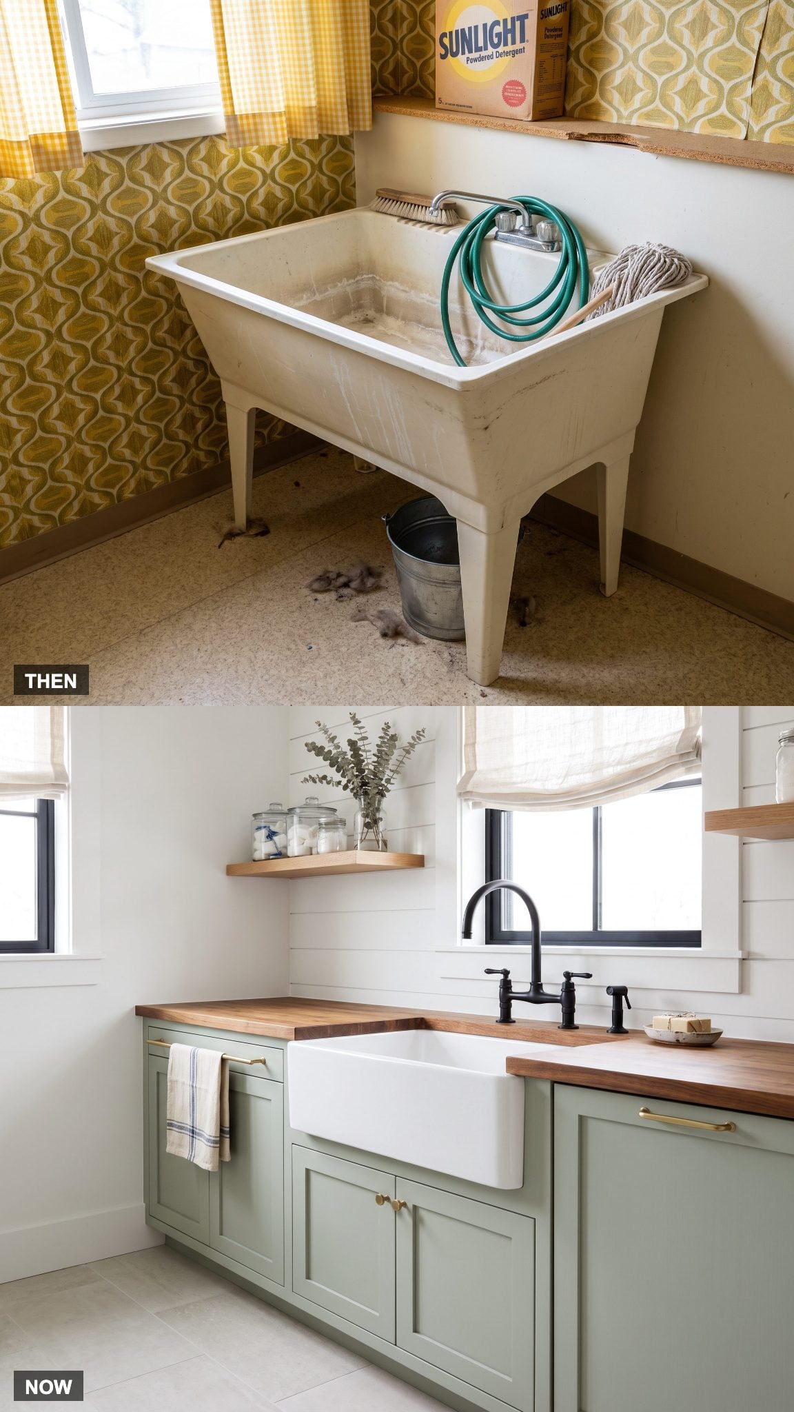 Deep freestanding laundry tub replaced with a finished apron-front utility sink