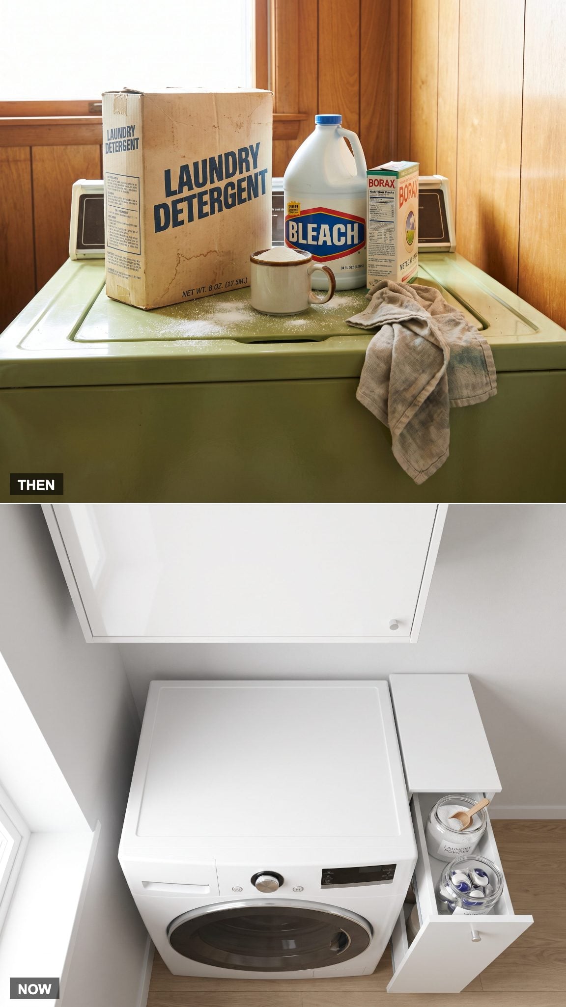 Laundry room with dedicated point-of-use detergent storage