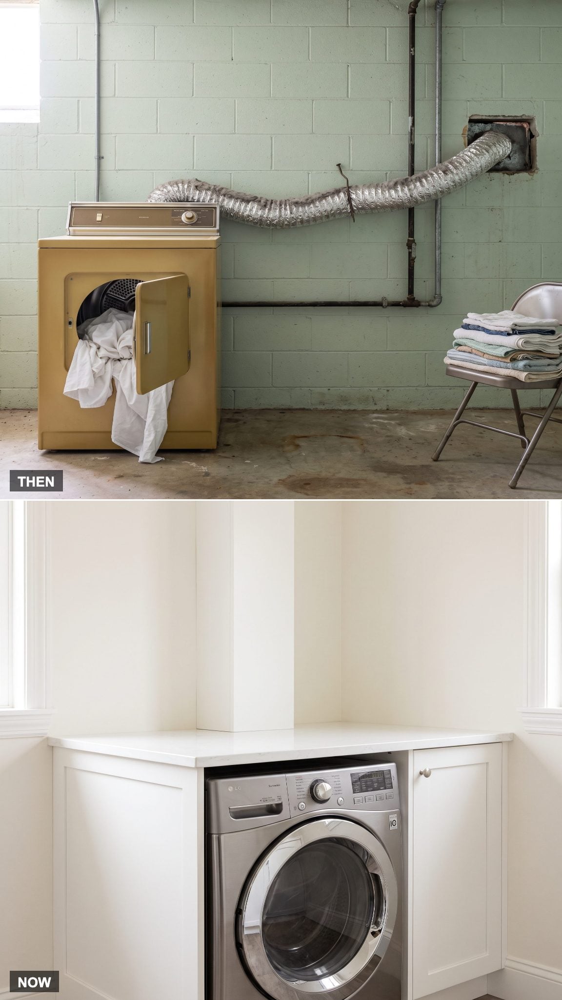 Laundry cabinetry designed around properly routed dryer services