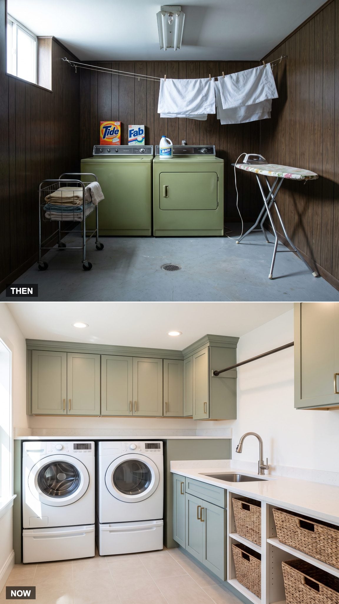 Modern laundry room planned around sorting, washing, drying, folding and hanging