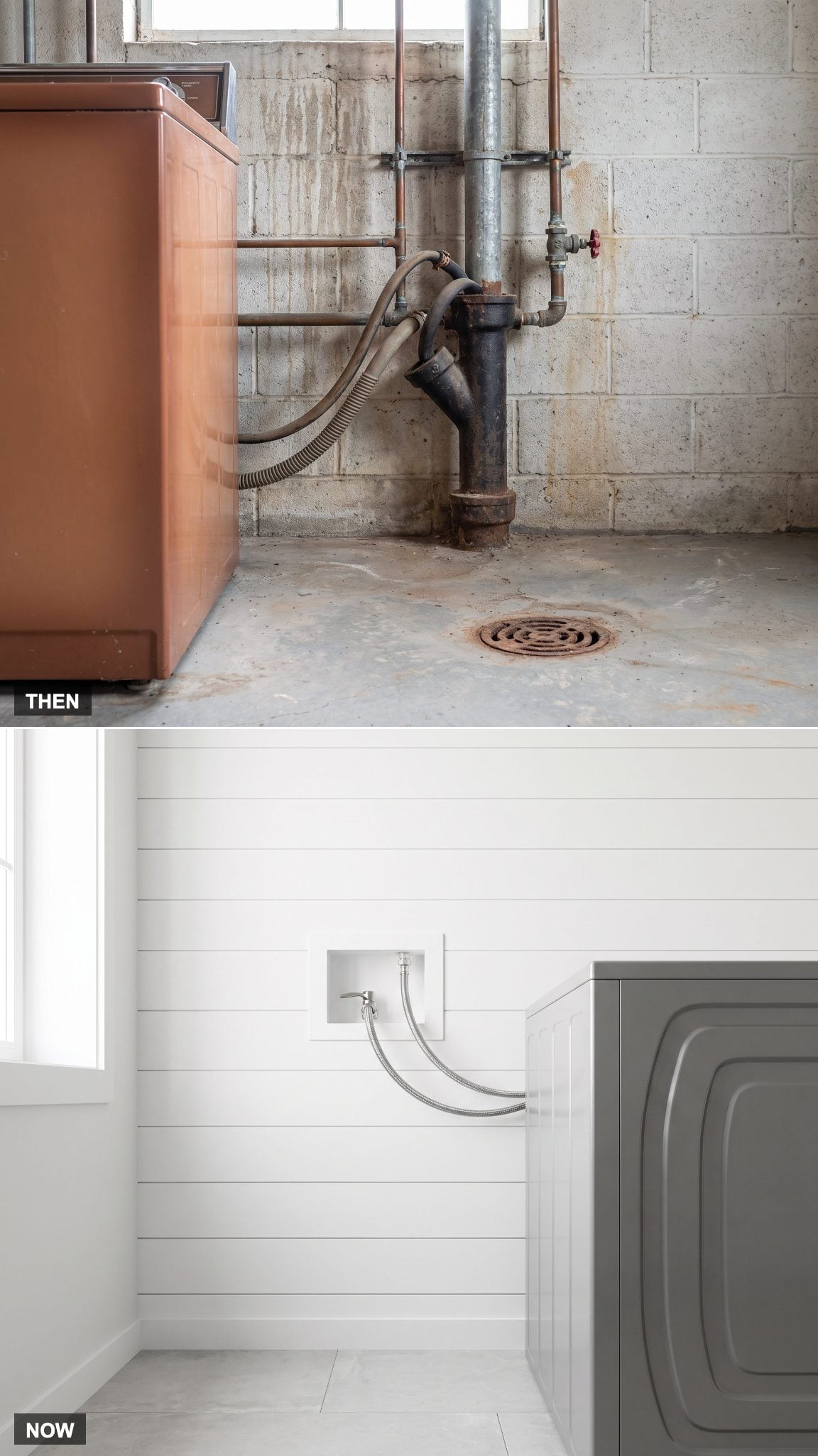 Laundry plumbing connections integrated into a recessed washer box