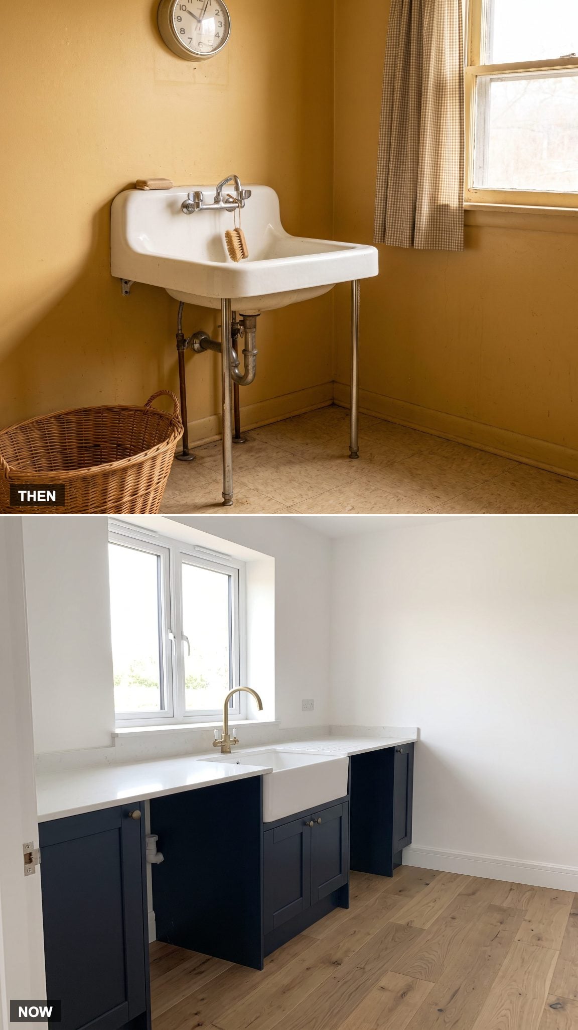 Exposed utility sink replaced by an integrated laundry sink and cabinet