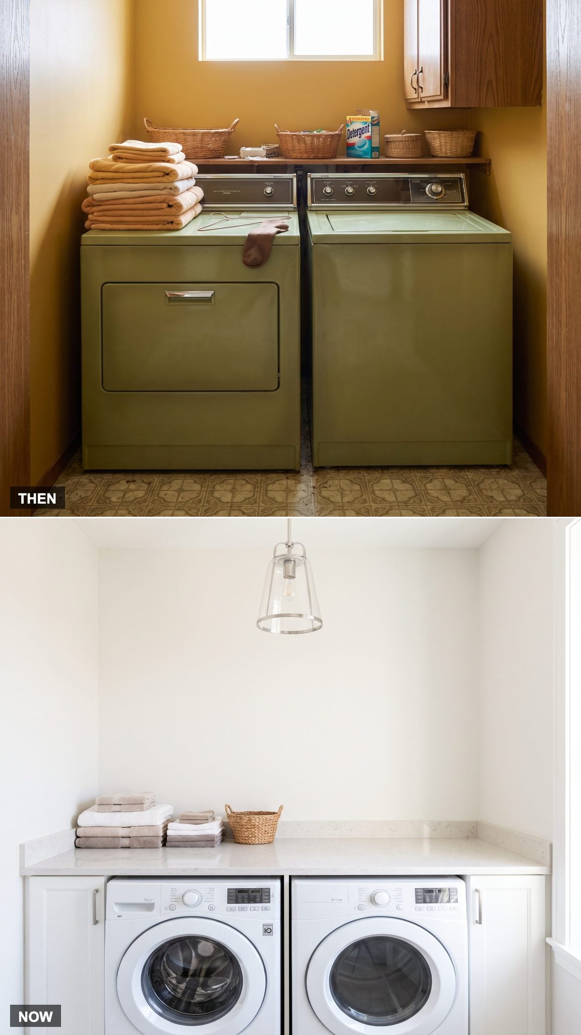 Laundry room with a full-length folding counter above the machines
