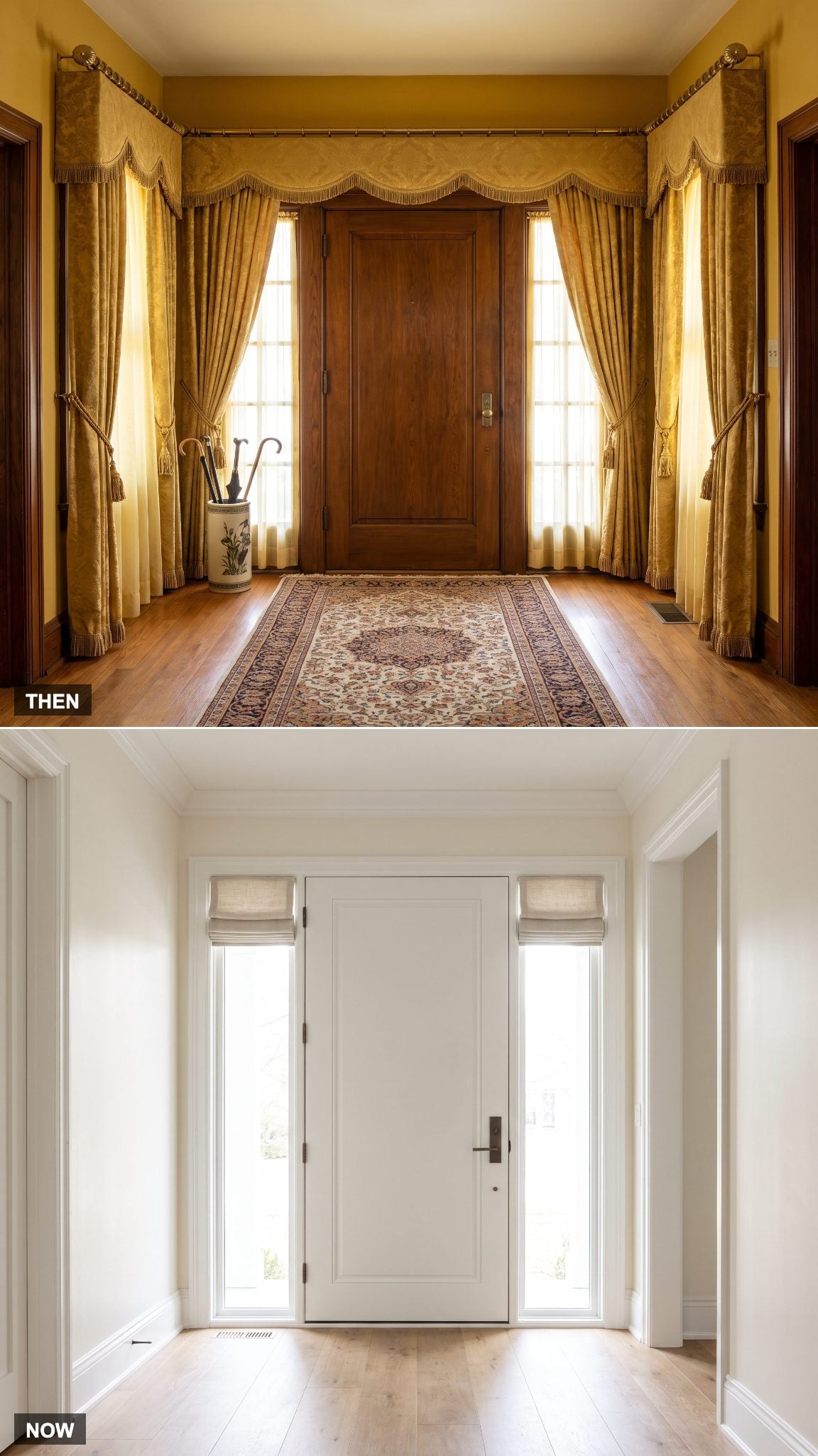 1975: Heavy Drapery Around Entry Windows → NOW: Bare Glass or Minimal Treatments