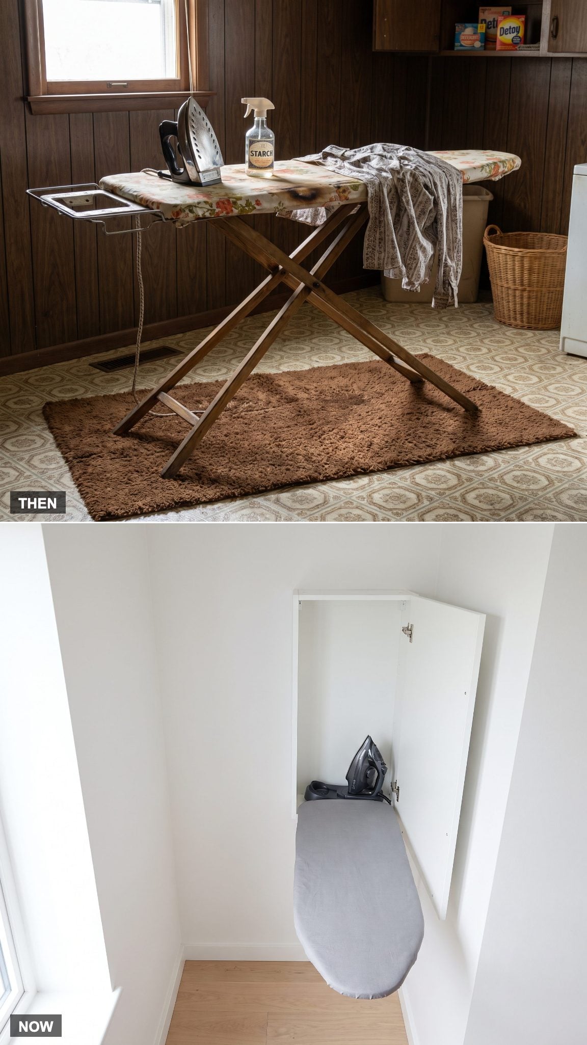 Laundry room with a built-in fold-away ironing station