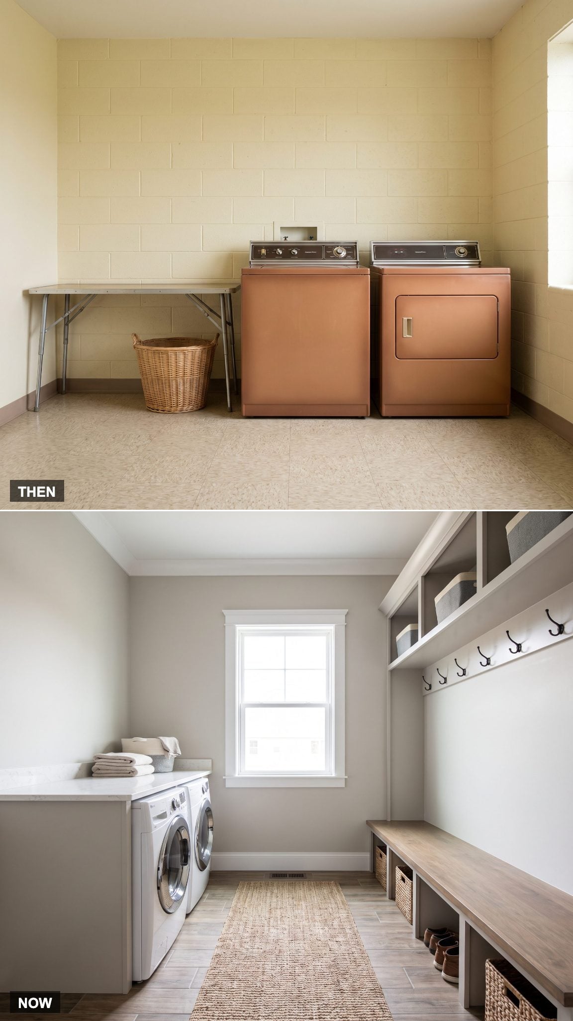 Combined laundry and mudroom with bench, hooks and cubby storage