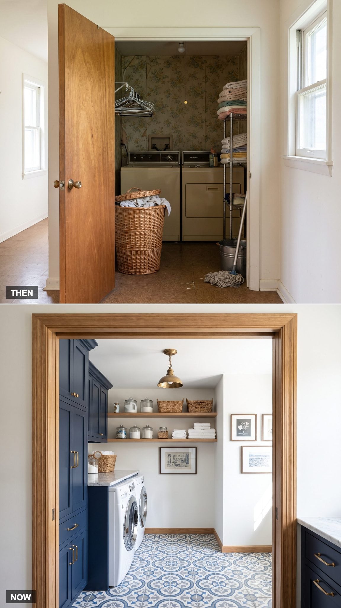 Finished laundry room with patterned flooring, navy cabinetry and brass lighting