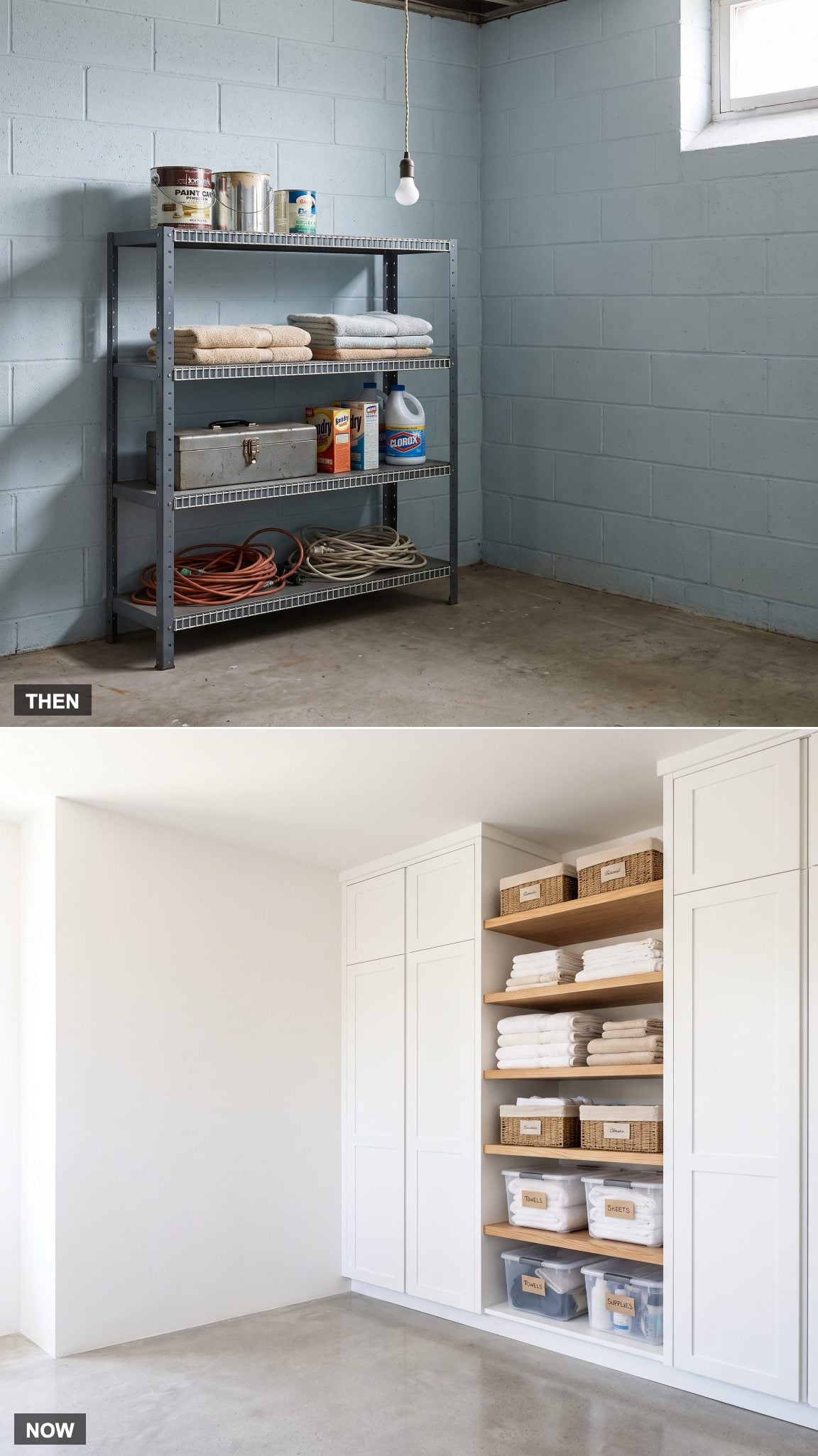 Metal laundry shelving replaced with floor-to-ceiling built-in storage
