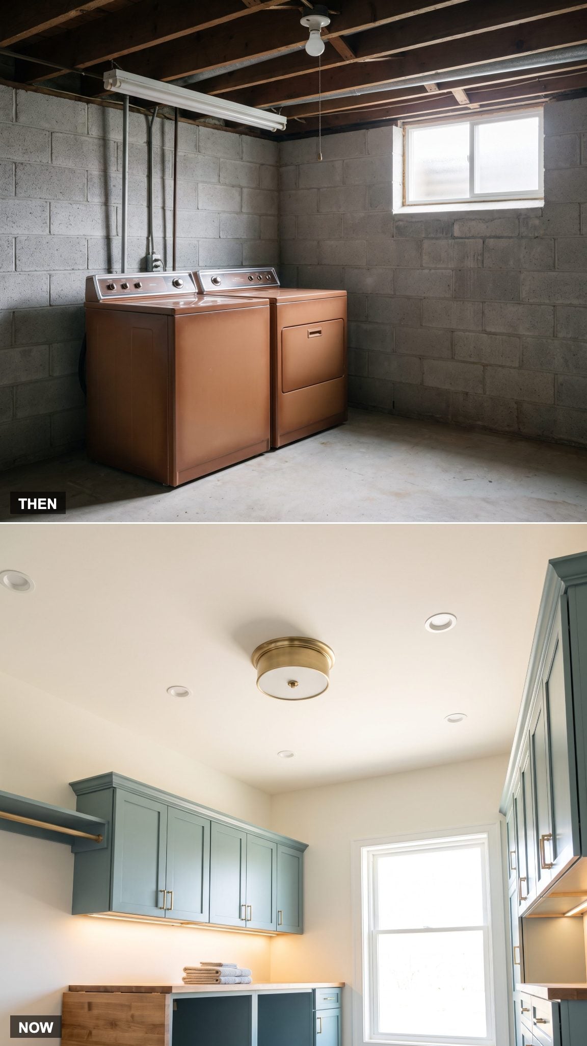 Laundry room upgraded from basic overhead lighting to layered task lighting