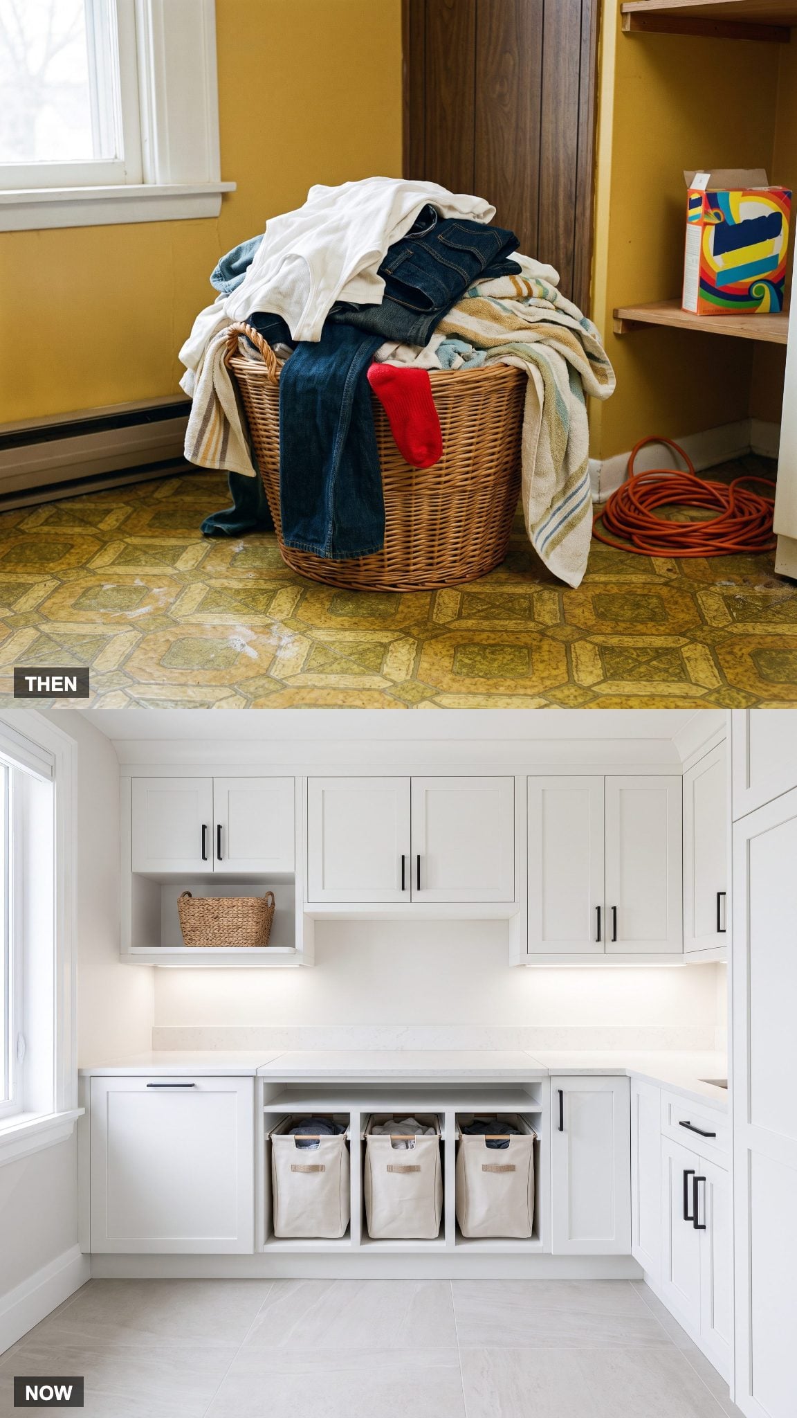 Laundry room with built-in pull-out sorting hampers