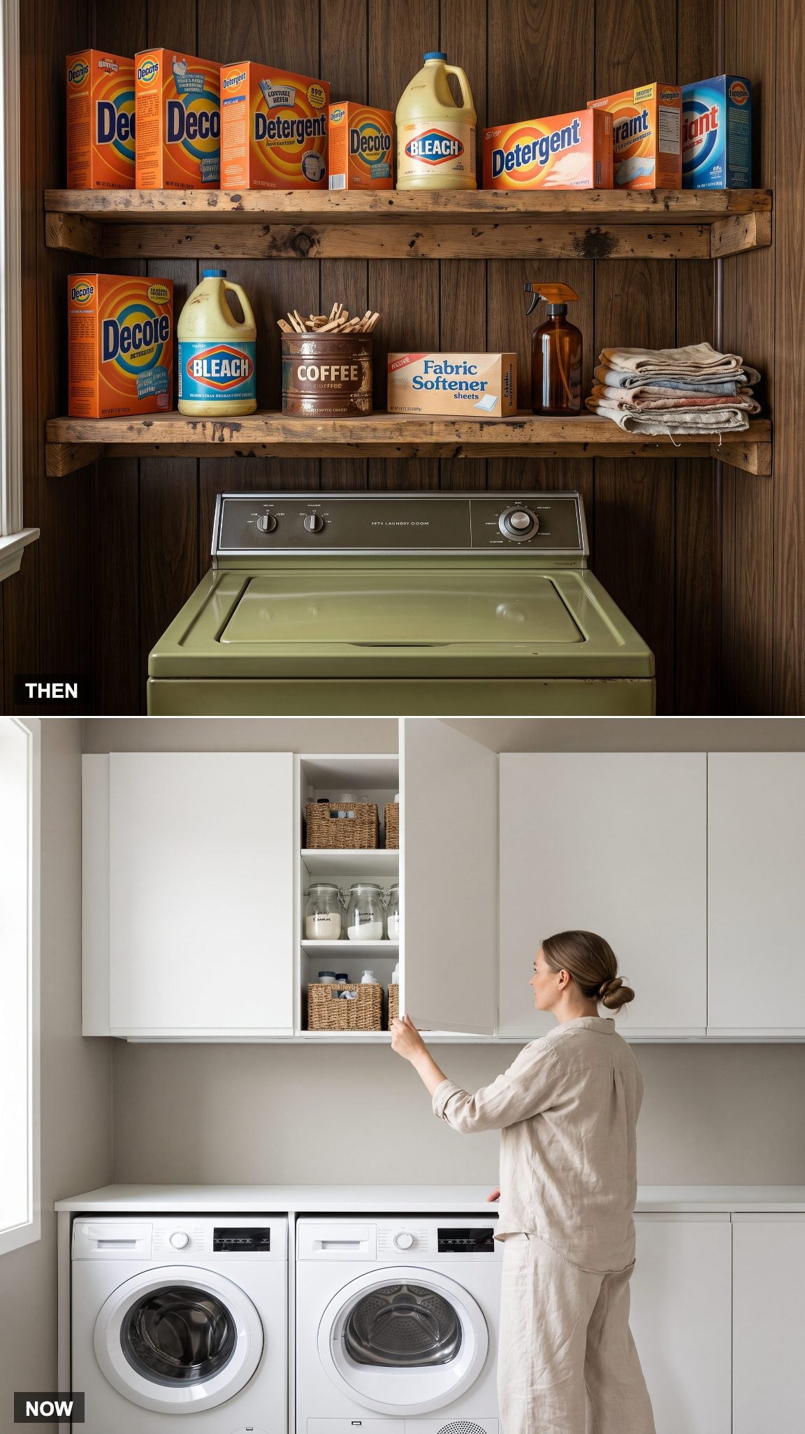 Open laundry supply shelves replaced with closed cabinetry