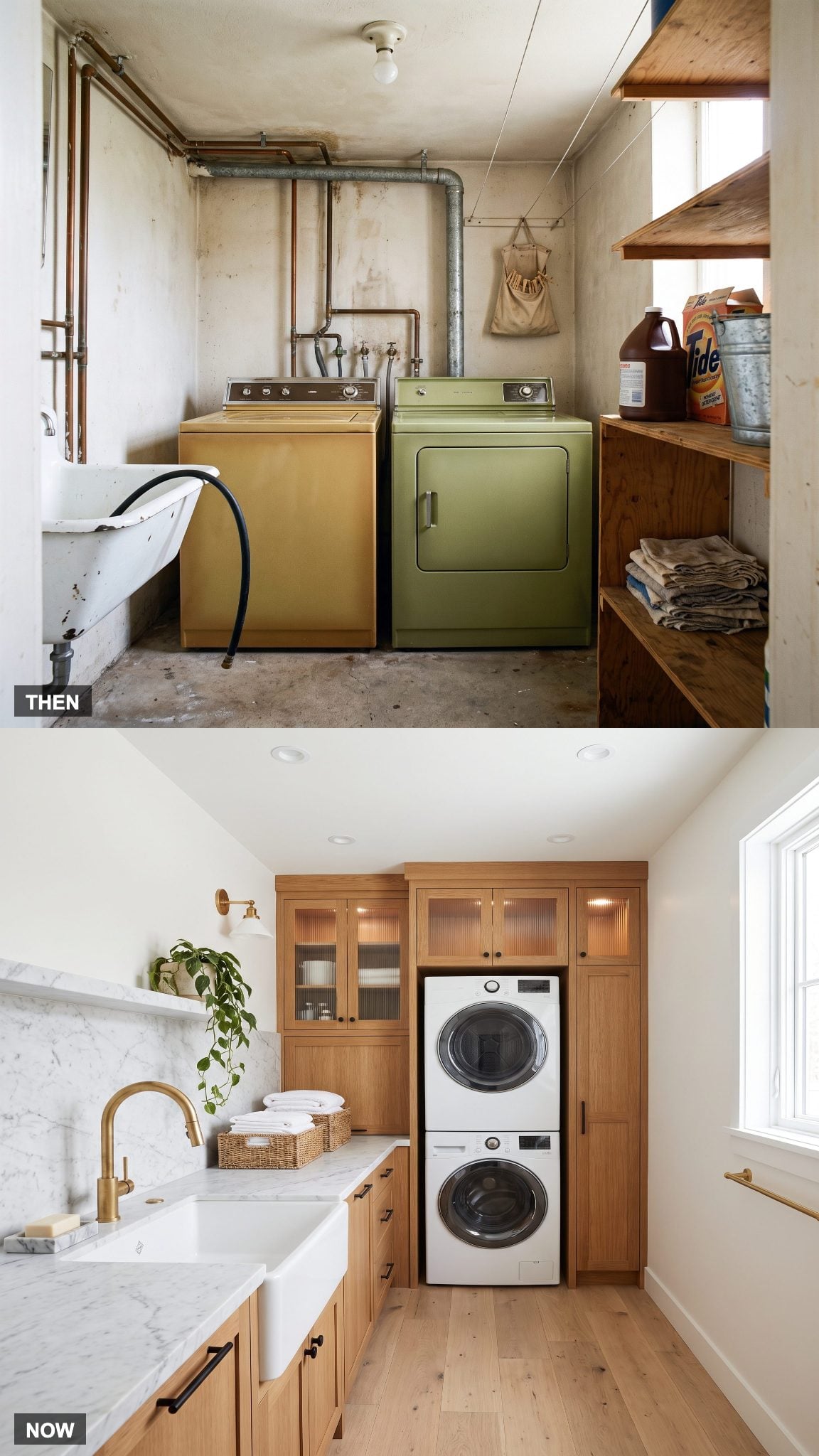 Sophisticated modern laundry room with fluted glass cabinetry, apron sink and marble backsplash
